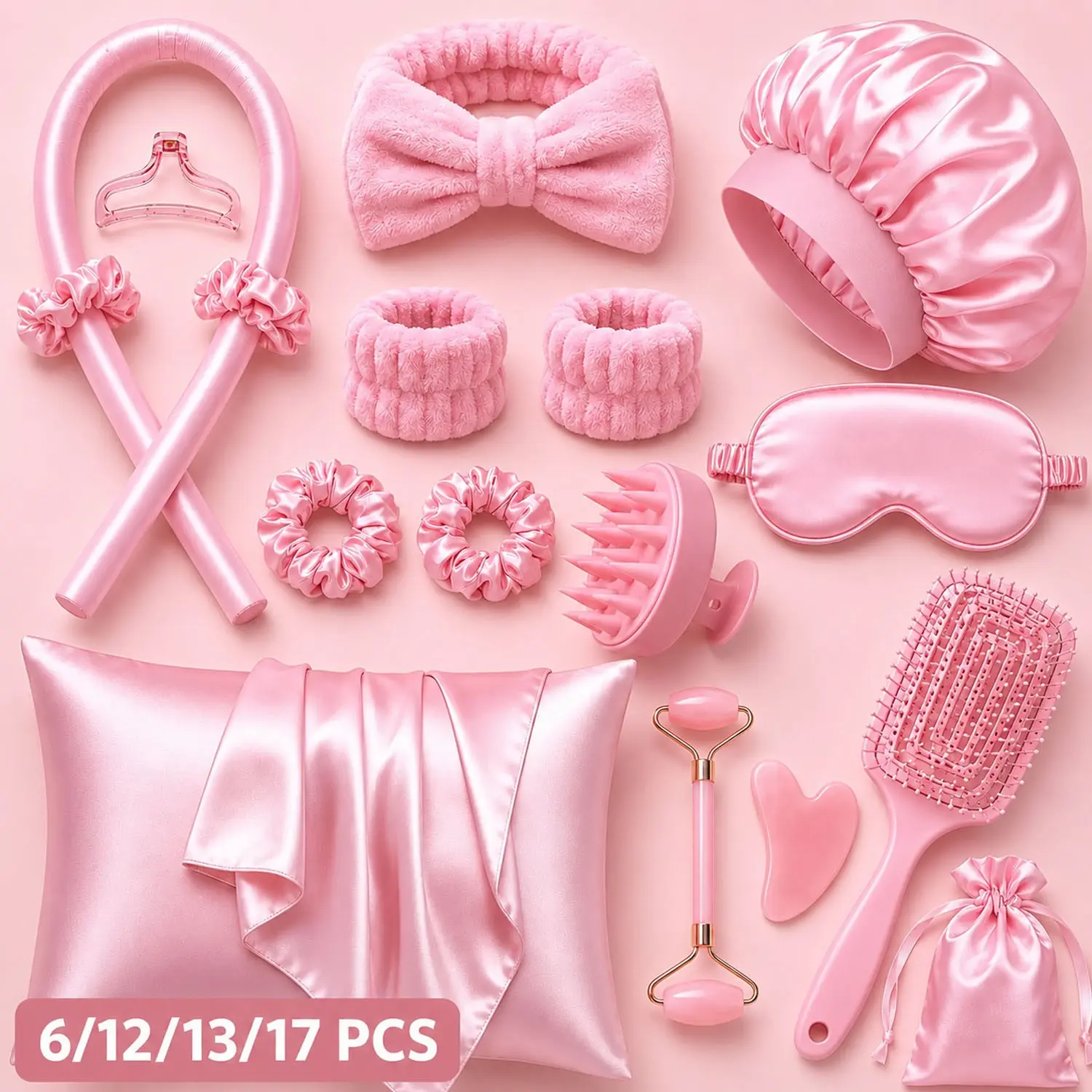 6/12/13/17Pcs Satin Hair Care Sleep Set, Sleep Bundle, Overnight Beauty Kit with Satin Pillowcase, Bonnet, Sleep Mask, Heatless Curling Rod, Scrunchies, Headband, Scalp Massager, Detangling Brush, Facial Roller & Gua Sha for Frizz-Free Hair, Soft Curl