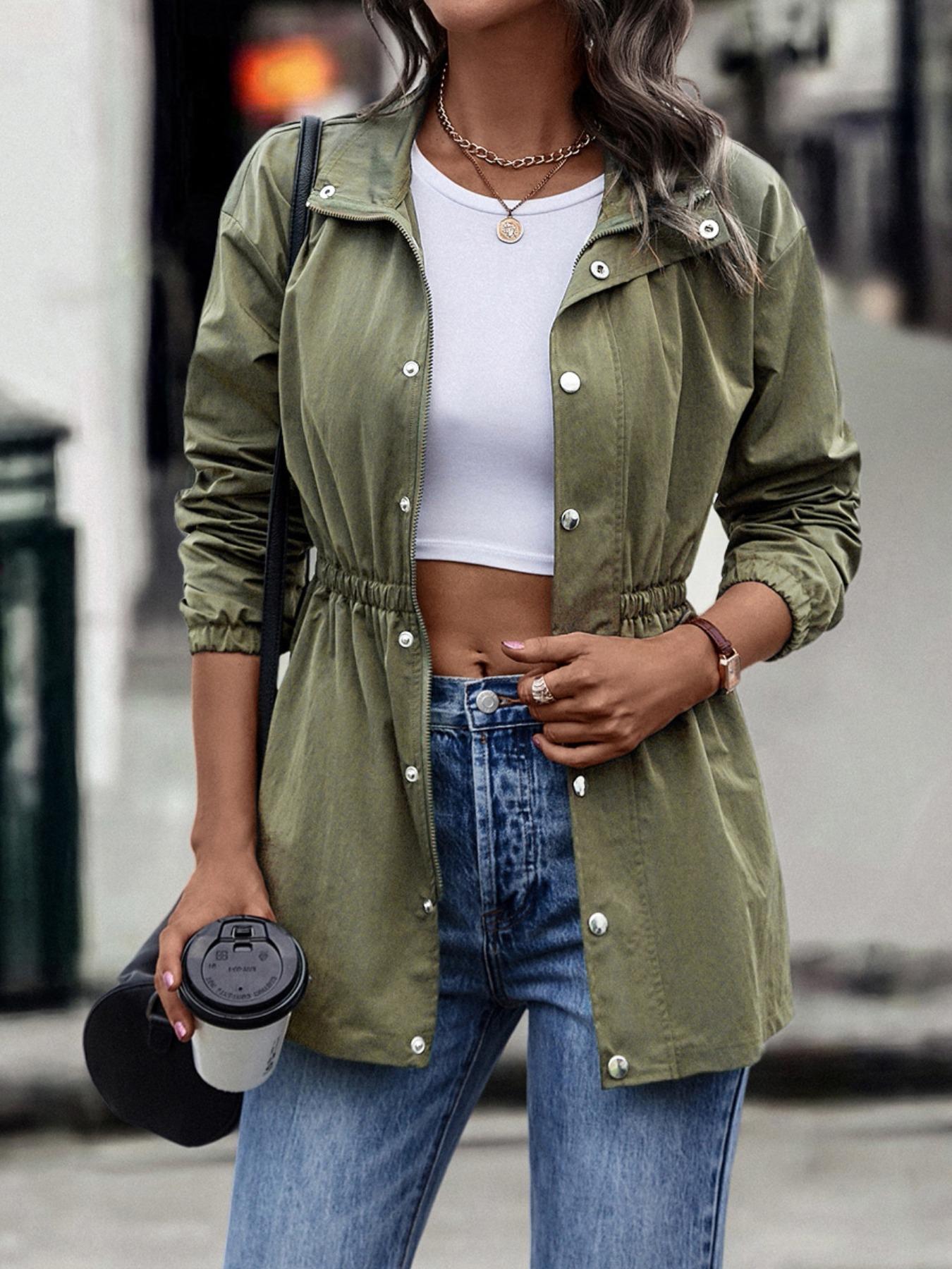 Women's Solid Woven Fabric Fitted Button Front Collar Jacket Coats, Casual Long Sleeve Outerwear for Spring & Fall, Ladies Clothes for Daily & Everyday Wear, Womenswear