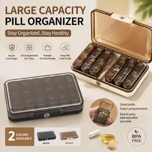 7 Day Pill Organizer Box - Large Capacity Weekly Medicine Case with 21 AM/PM/Night Compartments, Detachable Daily Pill Boxes, Portable Travel Vitamin Supplement Storage (Black & Brown, Organizer Only)