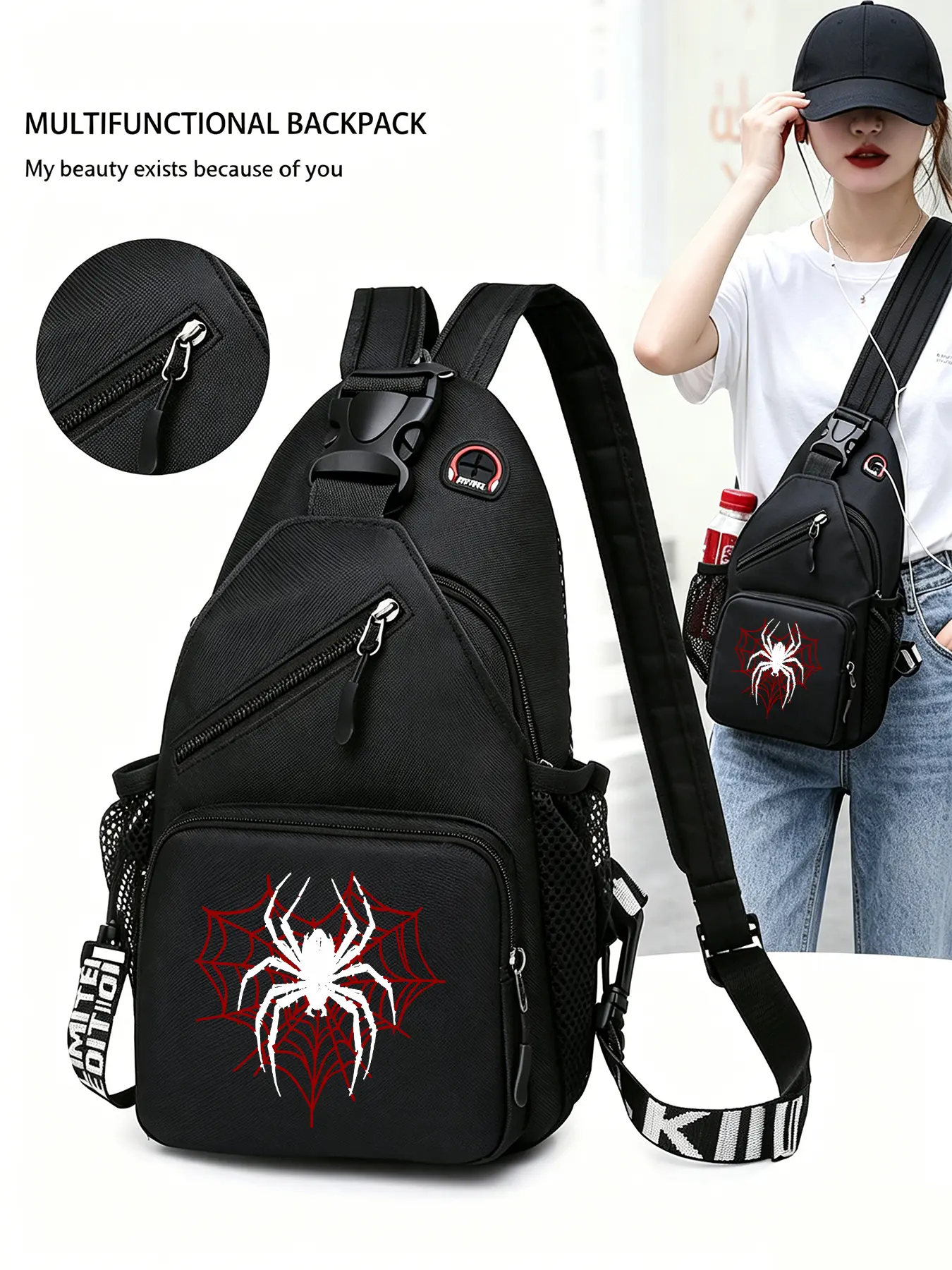 Spider Patterned Convertible Crossbody Bag/backpack, Casual Crossbody Bag, Multi-functional Chest Bag with Convertible Zippered Shoulder Strap, Multiple Pockets, Suitable for Travel, Sports, and Daily Commuting