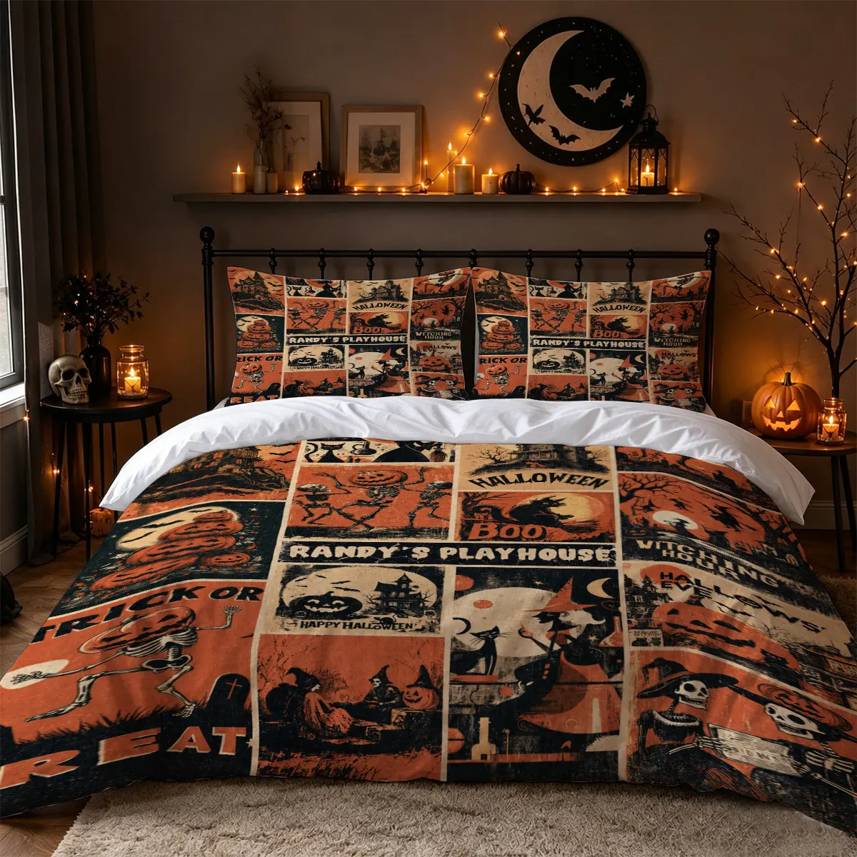 3Pcs Vintage, Spooky Patterns, Halloween Skeleton Witch Pumpkin Poster Collage Print Duvet Cover Set, Retro Trick or Treat Bedding with 1 Duvet Cover and 2 Pillowcases, No Comforter, Orange Black Bedroom Decor for Adults, Apartments, Dorms