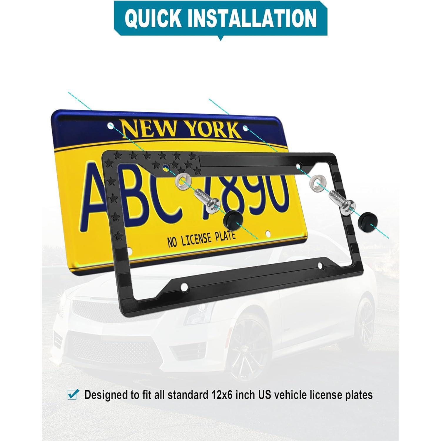 Flag License Plate Frames- Black Plastic Patriotic Tag Holder with Mounting Hardware & Screws Caps,2 Pack 4 Holes for Front Rear Flag License Plate Frames- Black Plastic Patriotic Tag Holder with Mounting Hardware & Screws Caps,2 Pack 4 Holes for Front Rear