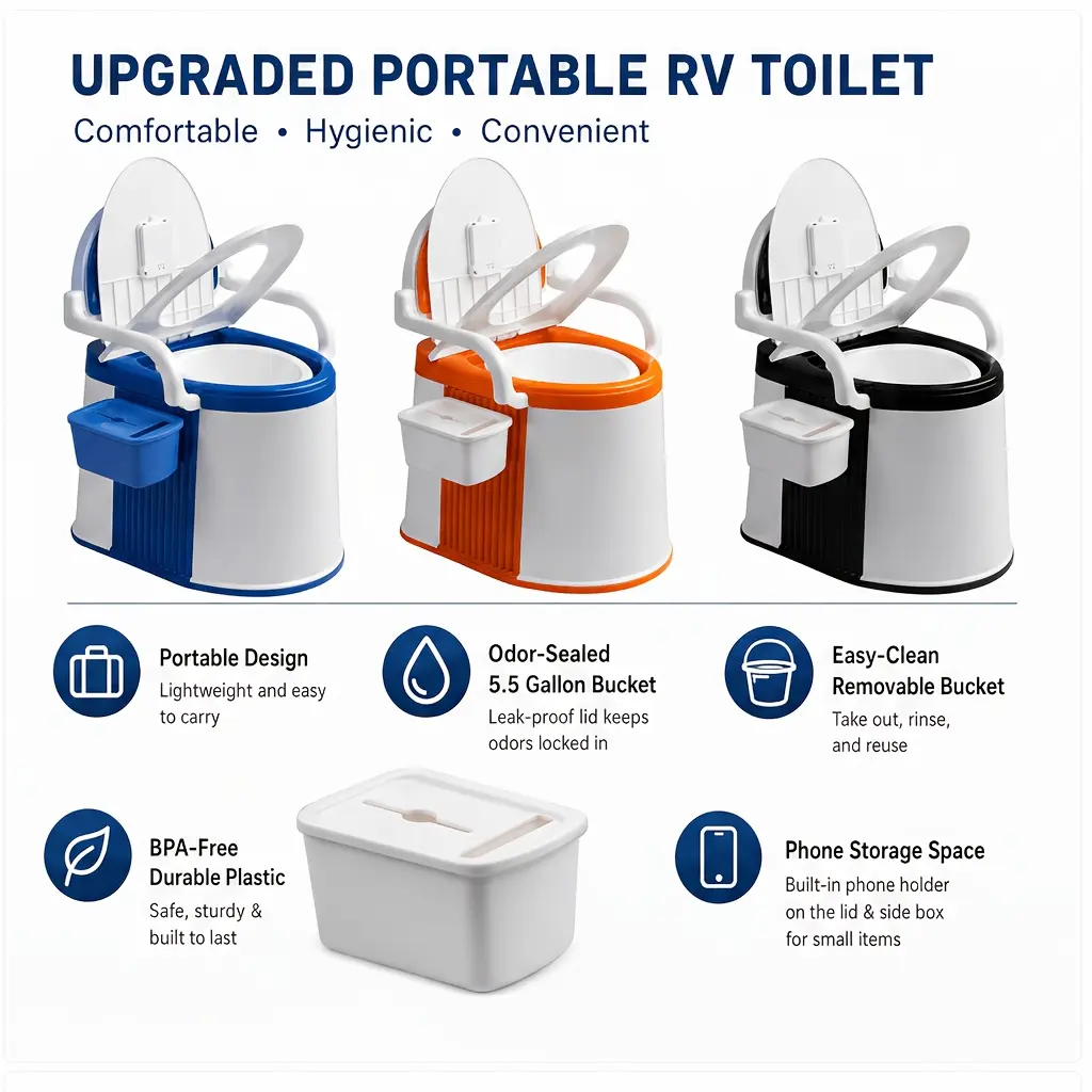 Portable Toilet Portable Camping Toilet with Backrest, 5 Gallon Detachable Bucket Commode W/ Handrails.Lightweight Plastic Design for RV/ Boat/ Travel (Blue & White)