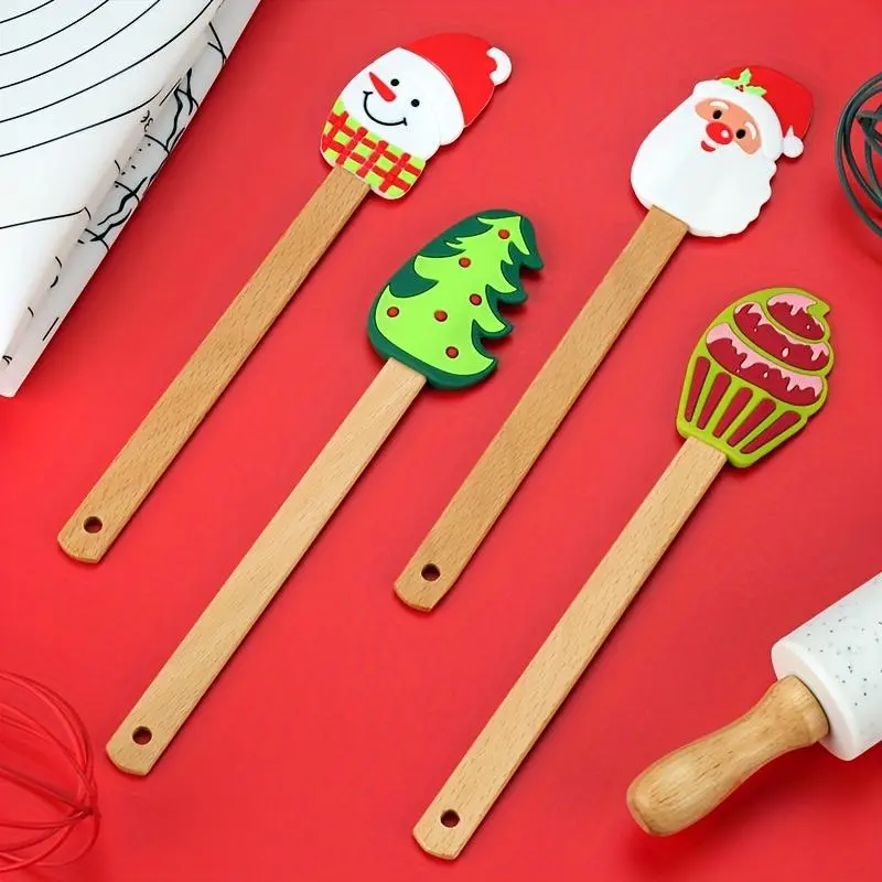 4-Piece Durable Christmas-Themed Food-Grade 100% Silicone Cream Cake Spatulas & Turners with Wooden Handles - Sturdy Kitchen Baking Utensils Set for Household Use