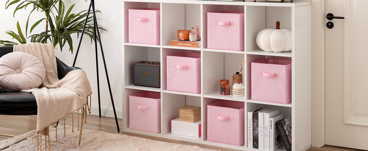 Cube Storage Bins, 11 Inch 6 Pack Storage Cube Organizer, Foladble Fabric Storage Boxes with Handle, Decorative Clothing Storage Baskets for Shelves, Closet, Pink