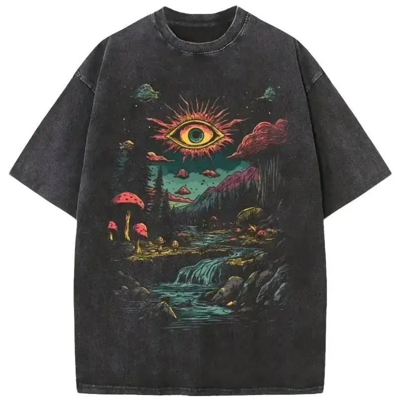 Men's Short-Sleeve Retro Trippy Mushroom Eye Graphic T-Shirt, Washed Black Oversized Unisex Casual Streetwear, Psychedelic Sports Top for Summer-Fall Statement Fashion