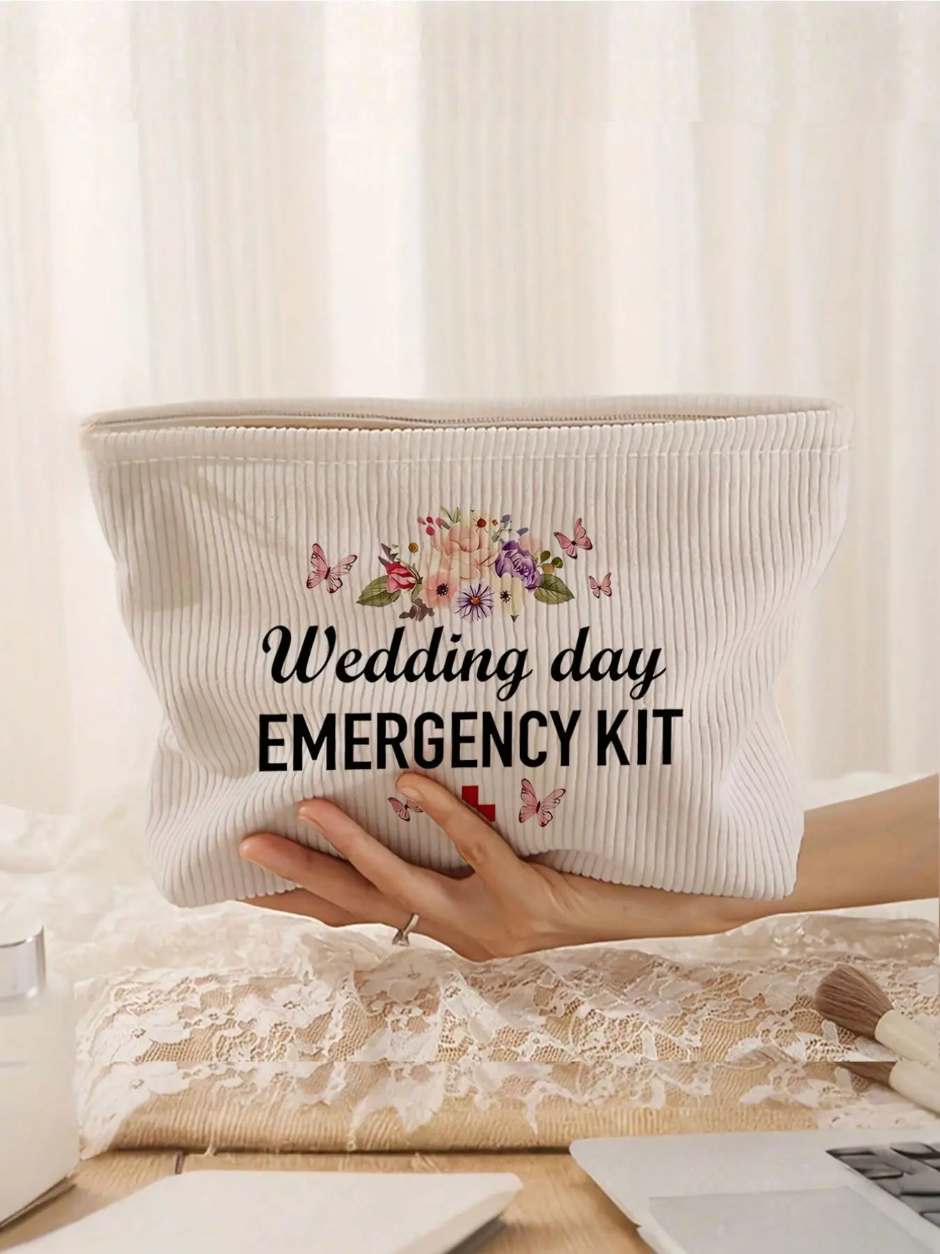 Wedding Day Emergency Kit Bag for Bride, Cream Corduroy Bridal Makeup Pouch, Elegant Zipper Toiletry Organizer for Cosmetics, Skincare, Touch-Up Essentials, Bridesmaids, Bridal Shower, Travel & Wedding Prep