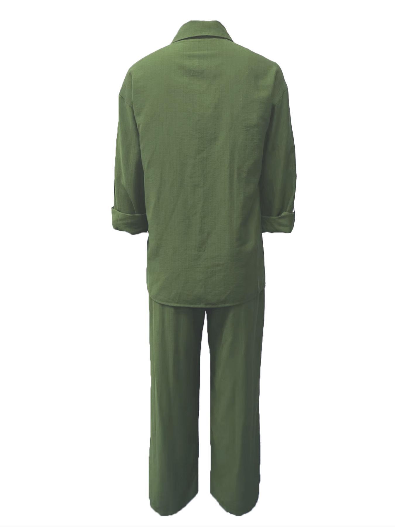 Women's Solid Color Shirt & Wide Leg Pants Set, Casual Fashion Cozy Breathable Two-piece Outfits for Daily Outdoor Wear, Women Clothes for Spring Fall