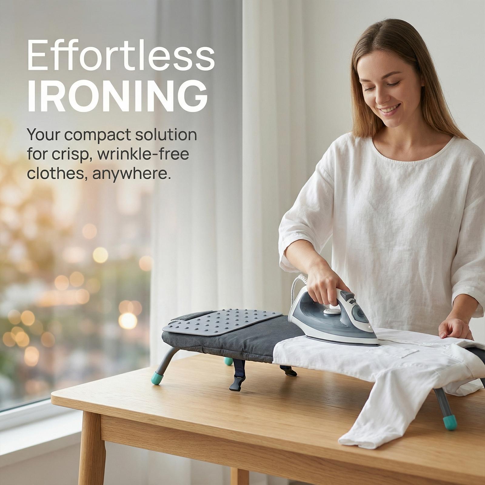 Travel Compact Ironing Table Metal Mesh Panel Space-Saving Ironing Board with Iron Mat with Non-Slip Feet Set for Dorm Rooms RVs Travel Apartments NEW