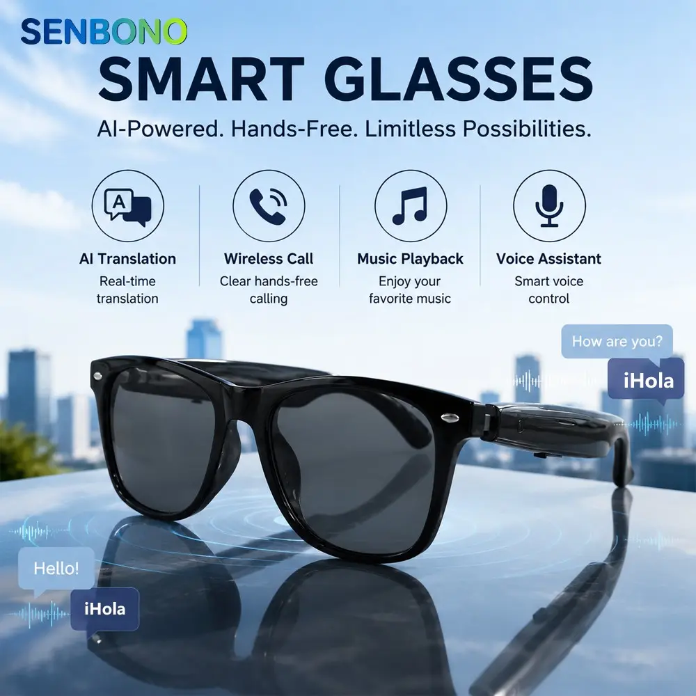 SENBONO Smart Glasses, Ai Translation, Open Stereo Speaker, Wireless Bluetooth-compatible Handsfree, Music Playback, Touch Control, Type-C Fast Charge, Long-lasting outdoor travel smart glasses, Multifunctional Smart Glasses