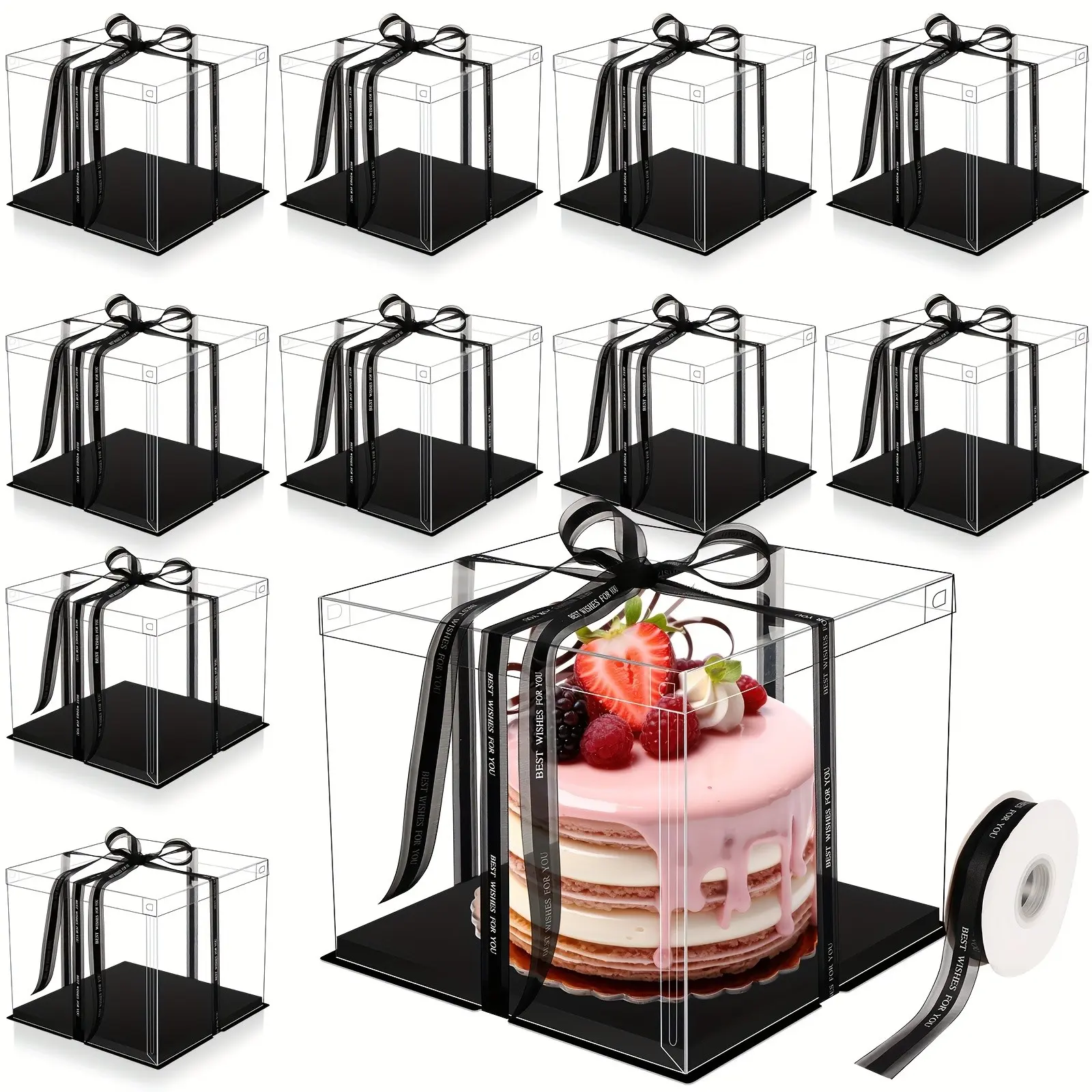 Set of 10 Transparent Cake Boxes with Ribbon, 12x12x10 Inches, Ideal for Large Cakes, Wedding Cakes, Parties, Birthdays, Black Option Available