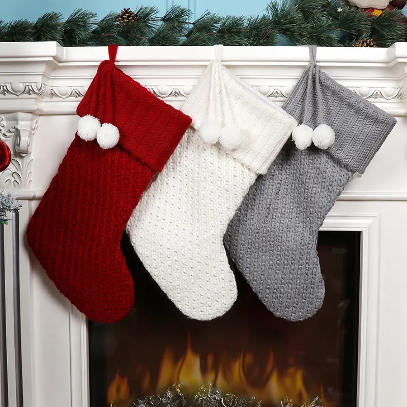 Large Knitted Christmas Stockings with Pom Poms, 54cm x 28cm Thick Cable Knit Xmas Fireplace Hanging Socks, Farmhouse Holiday Gift Candy Bag Decorations, 3 Colors Red White Gray Available