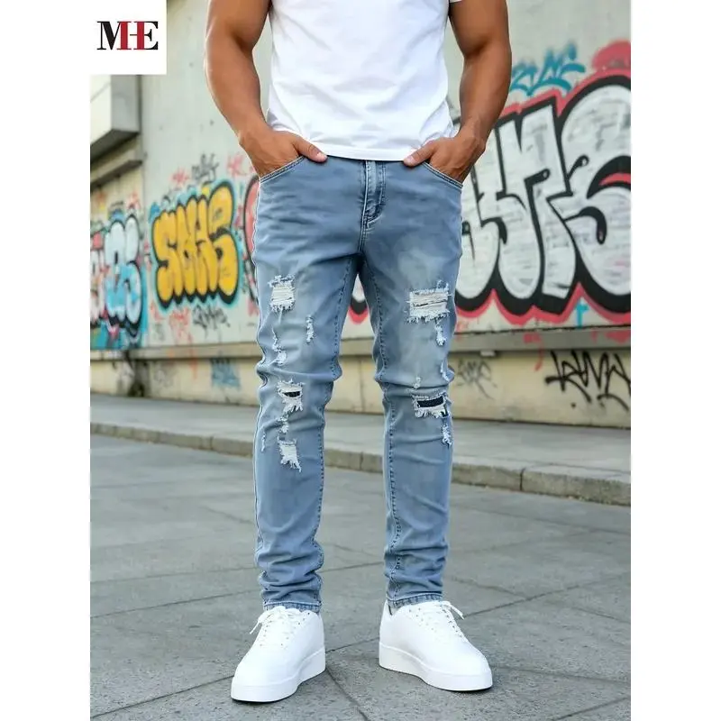 Men's Stretch Denim Pants, Light Blue Slim Ripped Skinny Jeans for Comfortable Fit
