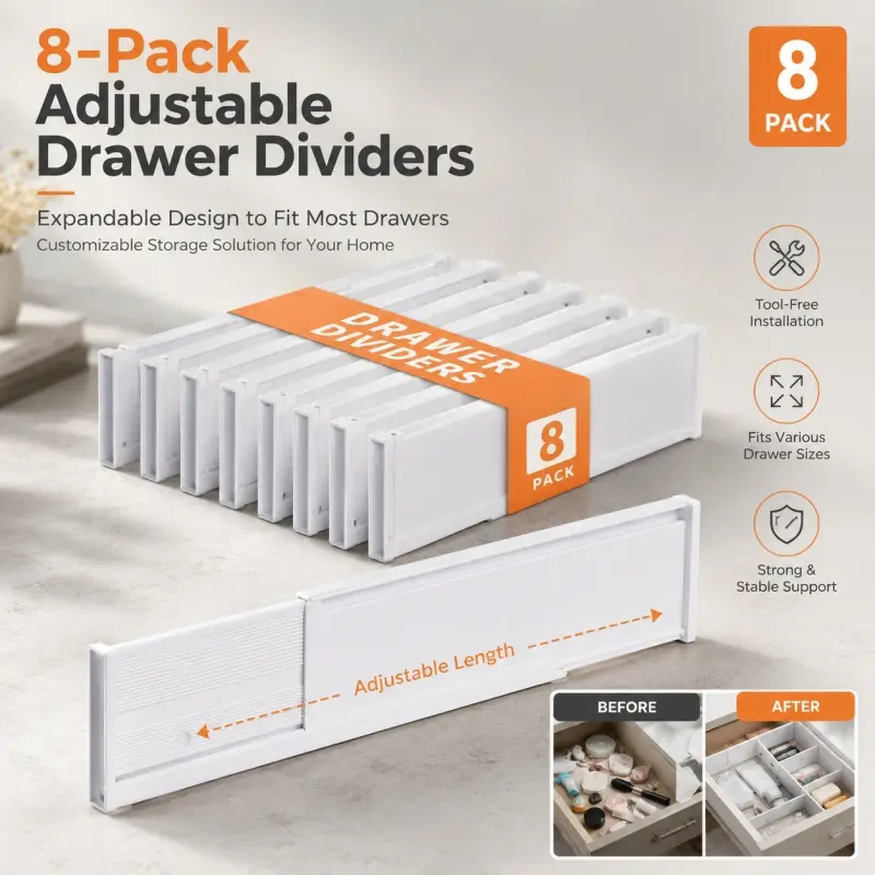 8-Pack Adjustable Drawer Dividers, tool-free installation and retractable design, Adjustable Storage, fit most drawer sizes. Perfect for drawers in wardrobe, kitchen and bathroom to organize items neatly.