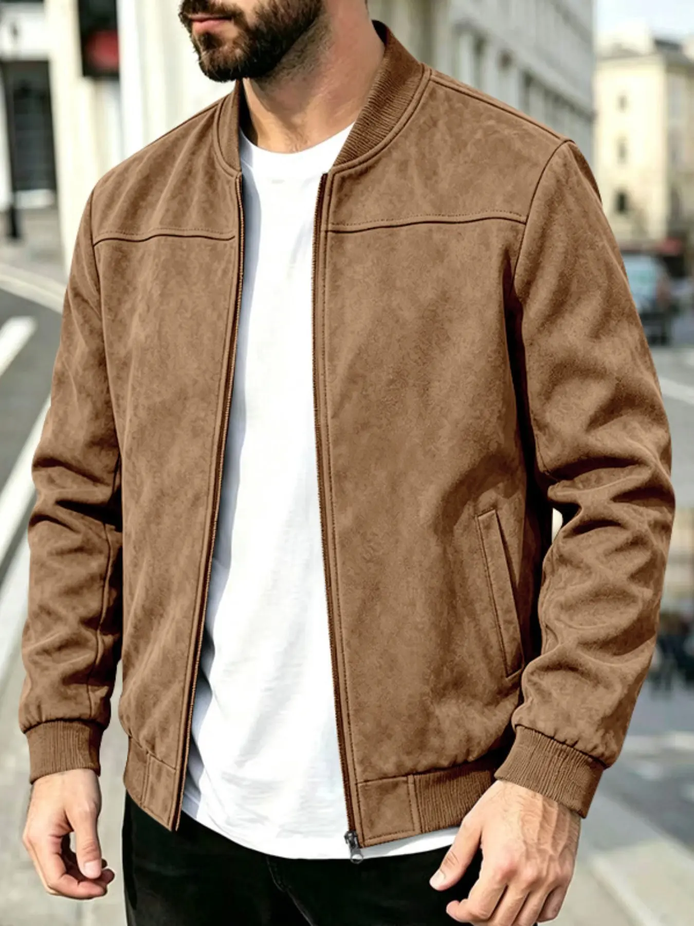 Men's Suede Pilot Jacket, Zipper Baseball Collar Coat, Ribbed Sleeve Hem, Classic Fall Winter Business Casual Outerwear, Fashionable Men's Suede Vest, Multiple Colors Available! Collared Zipper Jacket