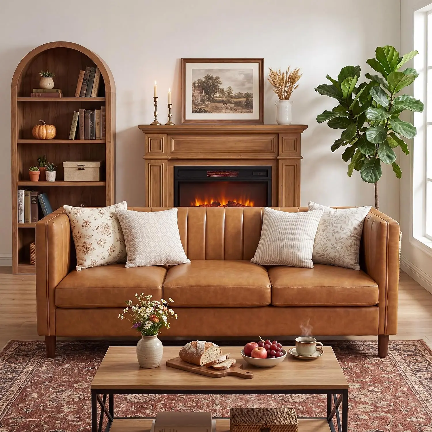 81" PU Leather 3-Seat Sofa for Living Room, Modern Mid-Century Deep-Seat Couch, Handmade Button Tufted Chesterfield Furniture for Apartment, Sofas Living Room