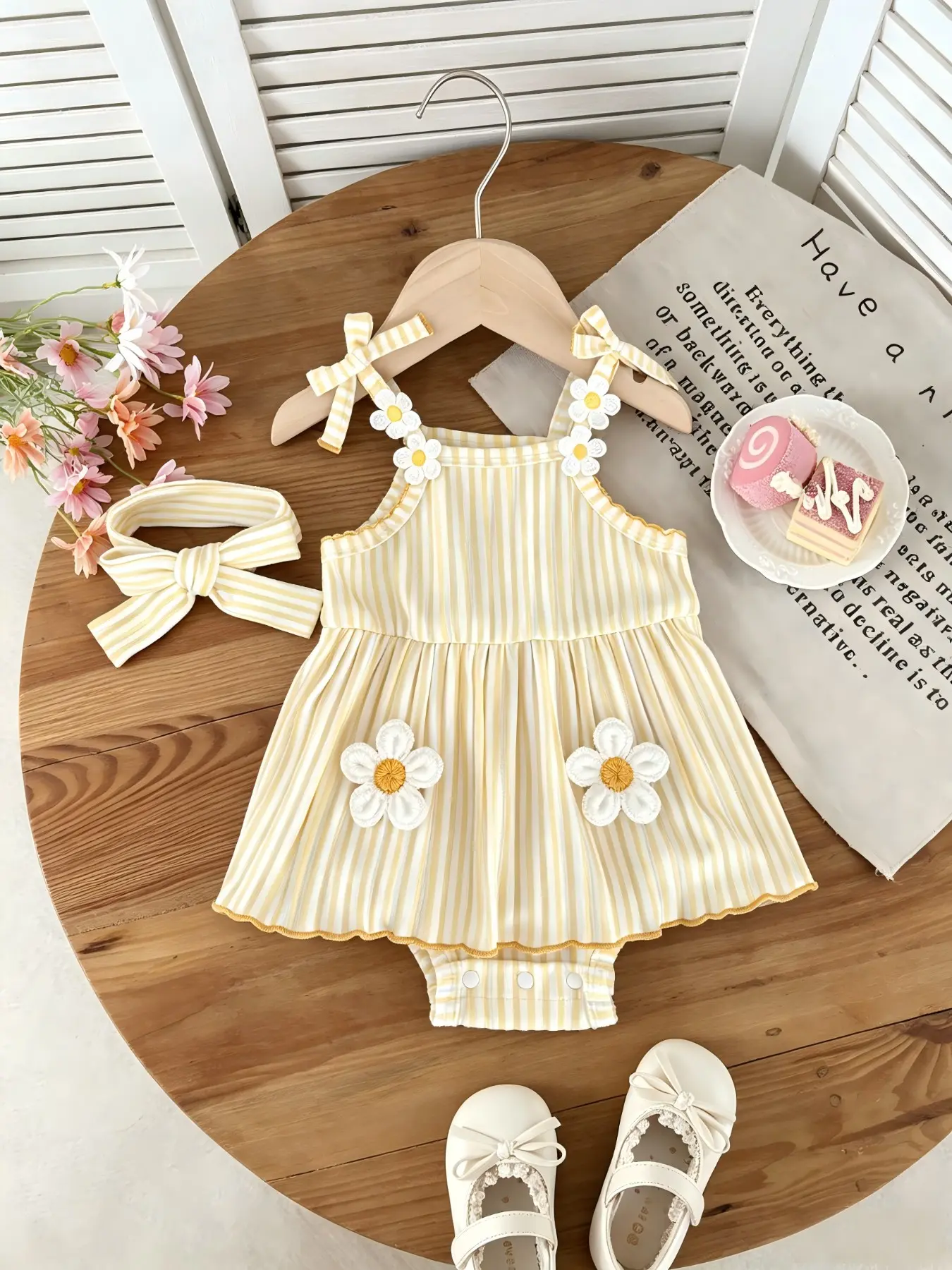 Fresh Floral Baby One-Hundred Days Infant Sweet Halter Jumpsuit,Includes Hairband,Summer Lightweight Princess Style Crawling Suit,