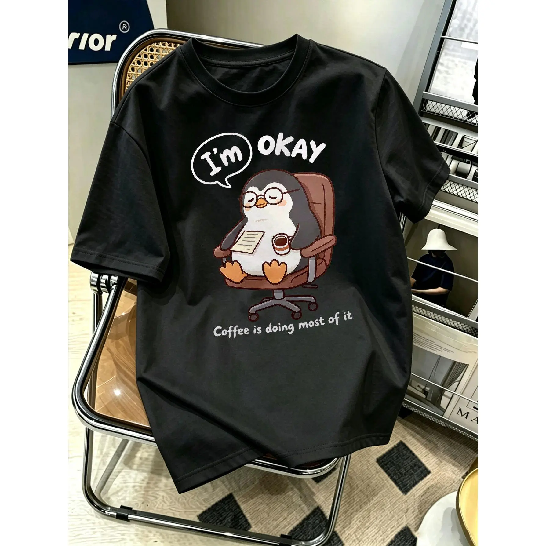 I'Okay Penguin Coffee Graphic T-Shirt for Men, Cute Funny Animal Crew Neck Short Sleeve Cotton Tee, Casual Streetwear
