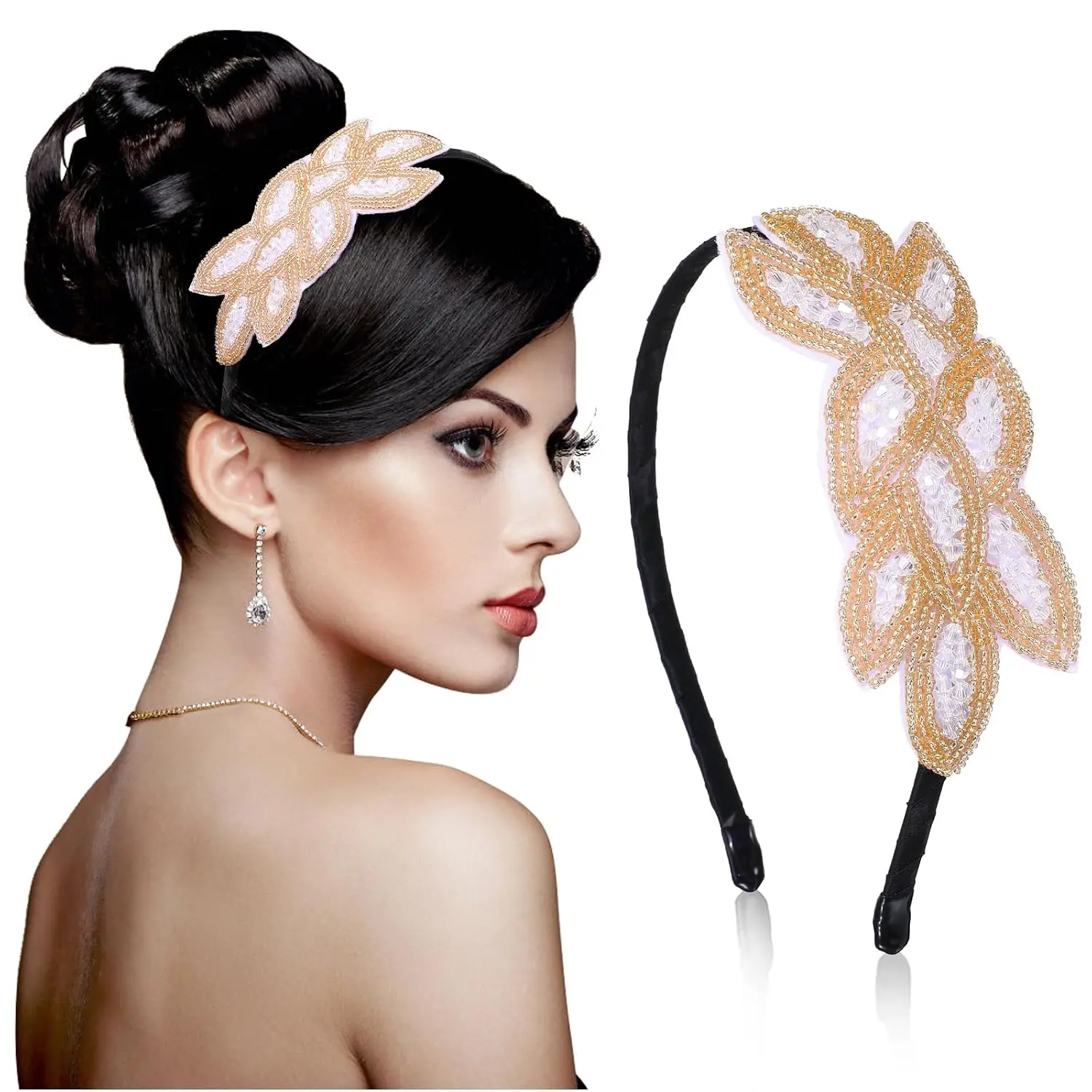 1920s Headbands for Women  Bands Accessories  Bridal Wedding Black Headpiece 20s Rhinestone Flapper  Hair Valentines Accessory for Girls Costume Prom Party Retro (White )