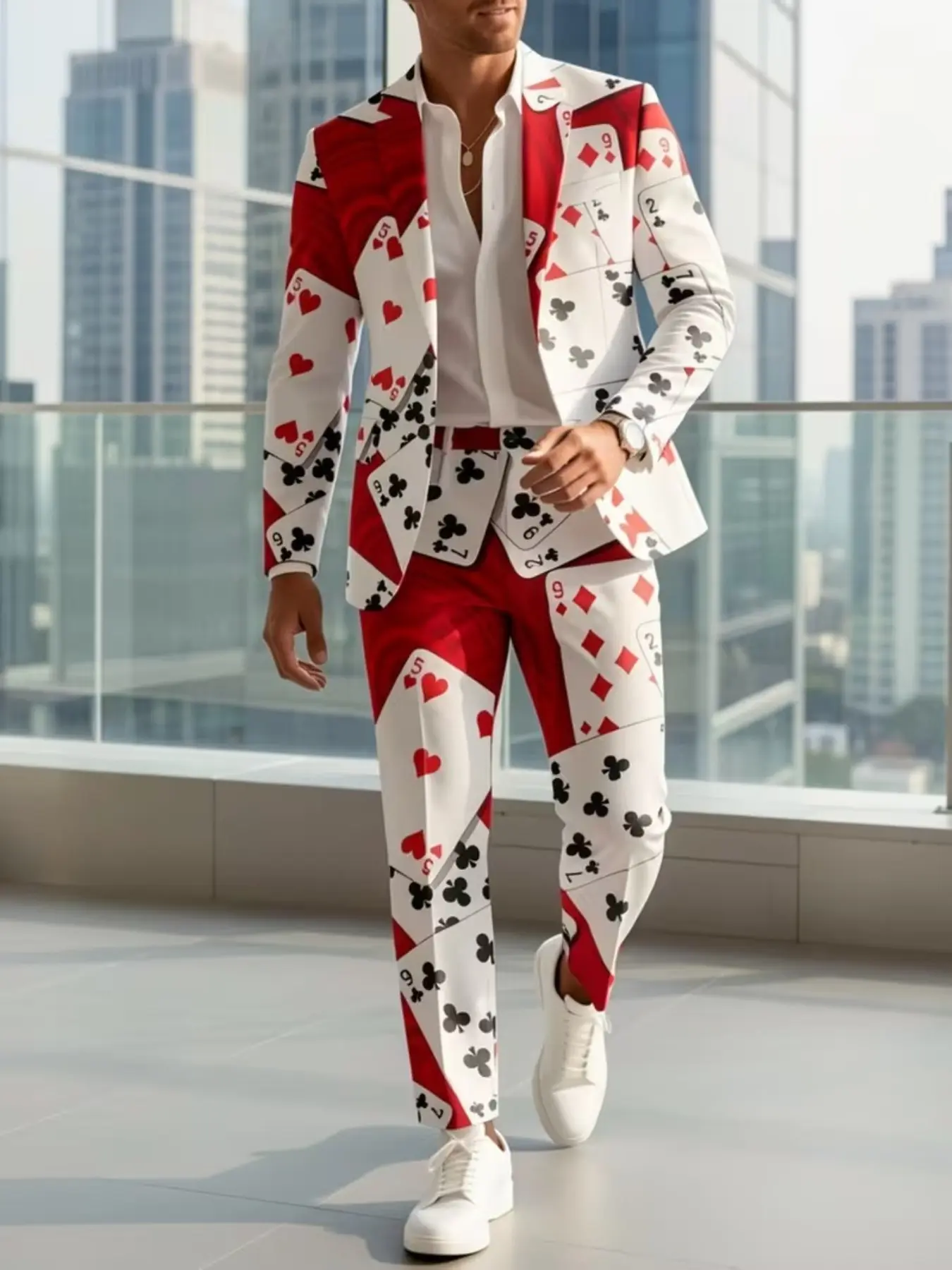 Creative Poker Print Suit Two-Piece Set, Block, Full Print Heart Club Spade Card Pattern, Party Eye-Catching Casual Suit Set