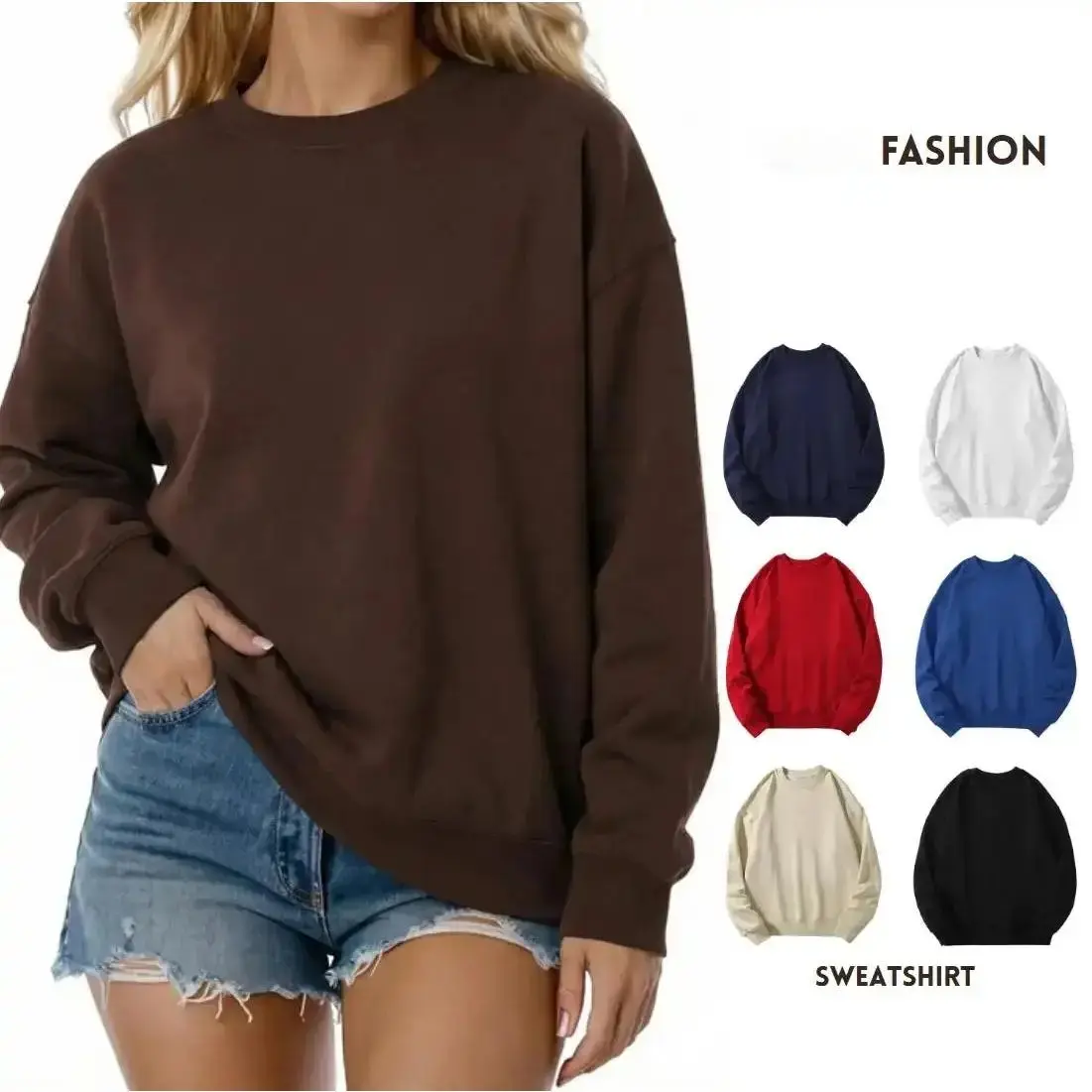 Oversized Fleece Sweatshirt for Women, Soft Cotton Blend Crewneck, Korean Minimalist Long Sleeve Casual Top, Black, All Seasons, Foldable