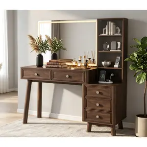 Makeup Vanity Desk with LED Lighted Mirror & Built-in Charging Station, 7 Drawers Vintage Dressing Table, Dust-Free Glass Storage Cabinet, 3 Color Dimmable Lights, Solid Wood Legs, Walnut/Natural Colors, Vanity for Bedroom, Stylish & Practical