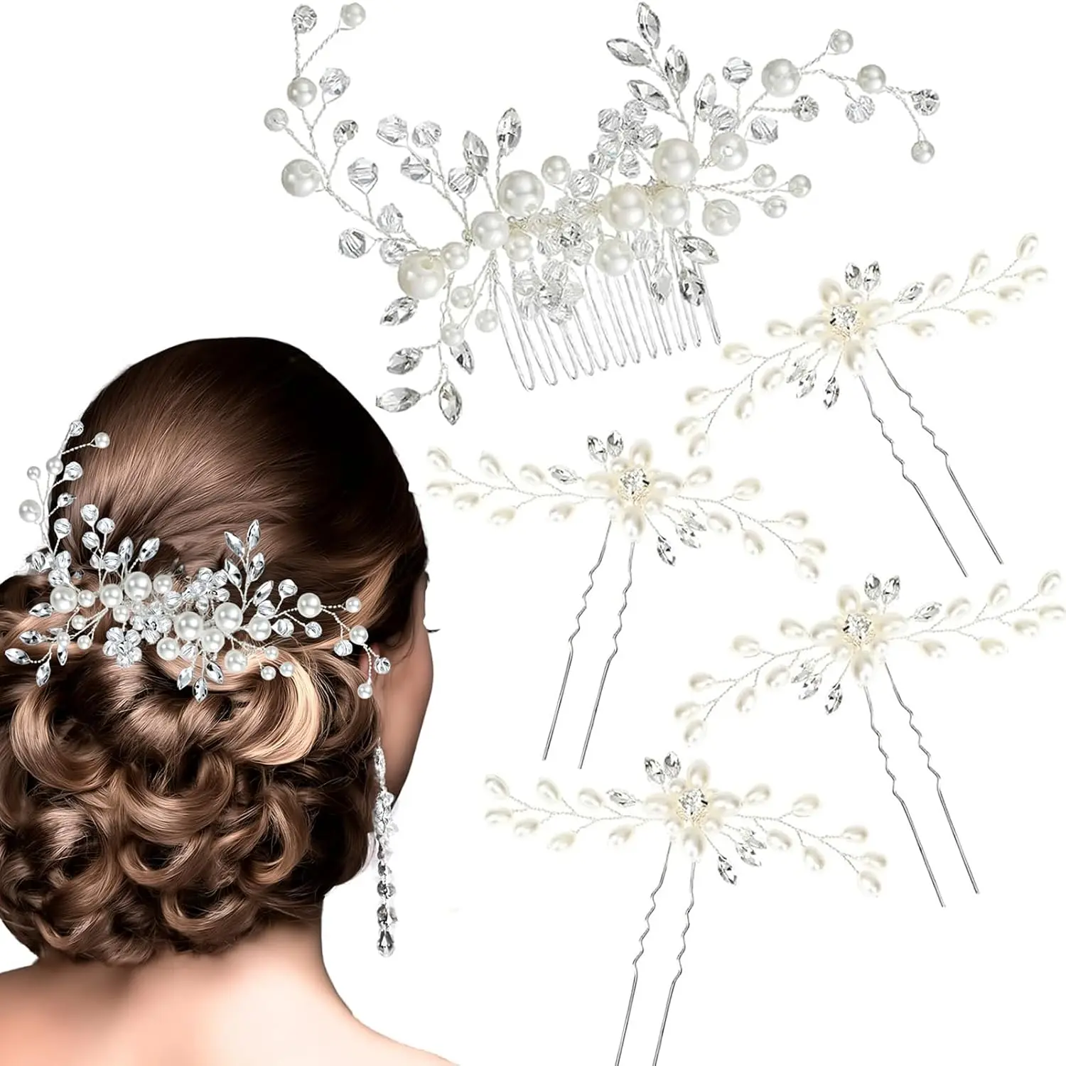 5 count Wedding Hair Accessories:   Rhinestone Hair Comb, Hair Pins for Brides, Bridesmaids, Women, Girls (, )
