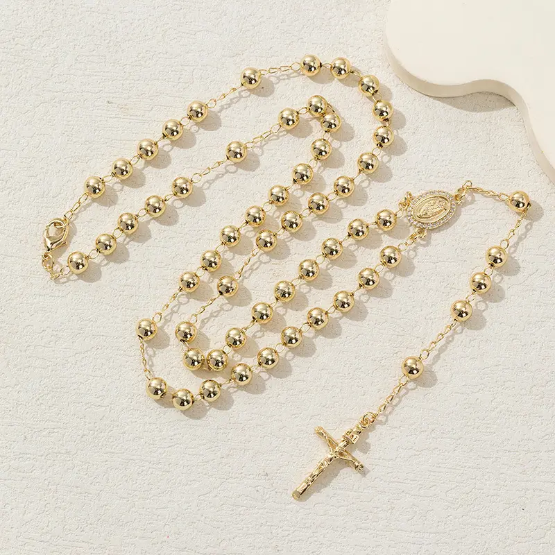 14K Gold Plated 6mm Rosary Beads Necklace for Women, Virgin Mary Pendant with Jesus Cross Charm – Catholic Jewelry for Church Occasions, Thoughtful Holiday Spiritual Gift