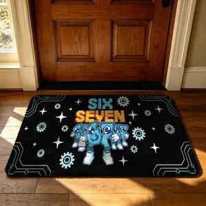 1 piece of a rectangular cartoon robot home decoration item with the SIX SEVEN logo, featuring a rectangular floor mat pattern with a surrounding border and anti-slip felt and silicone material. The mat is soft and can be machine-washed, suitable f