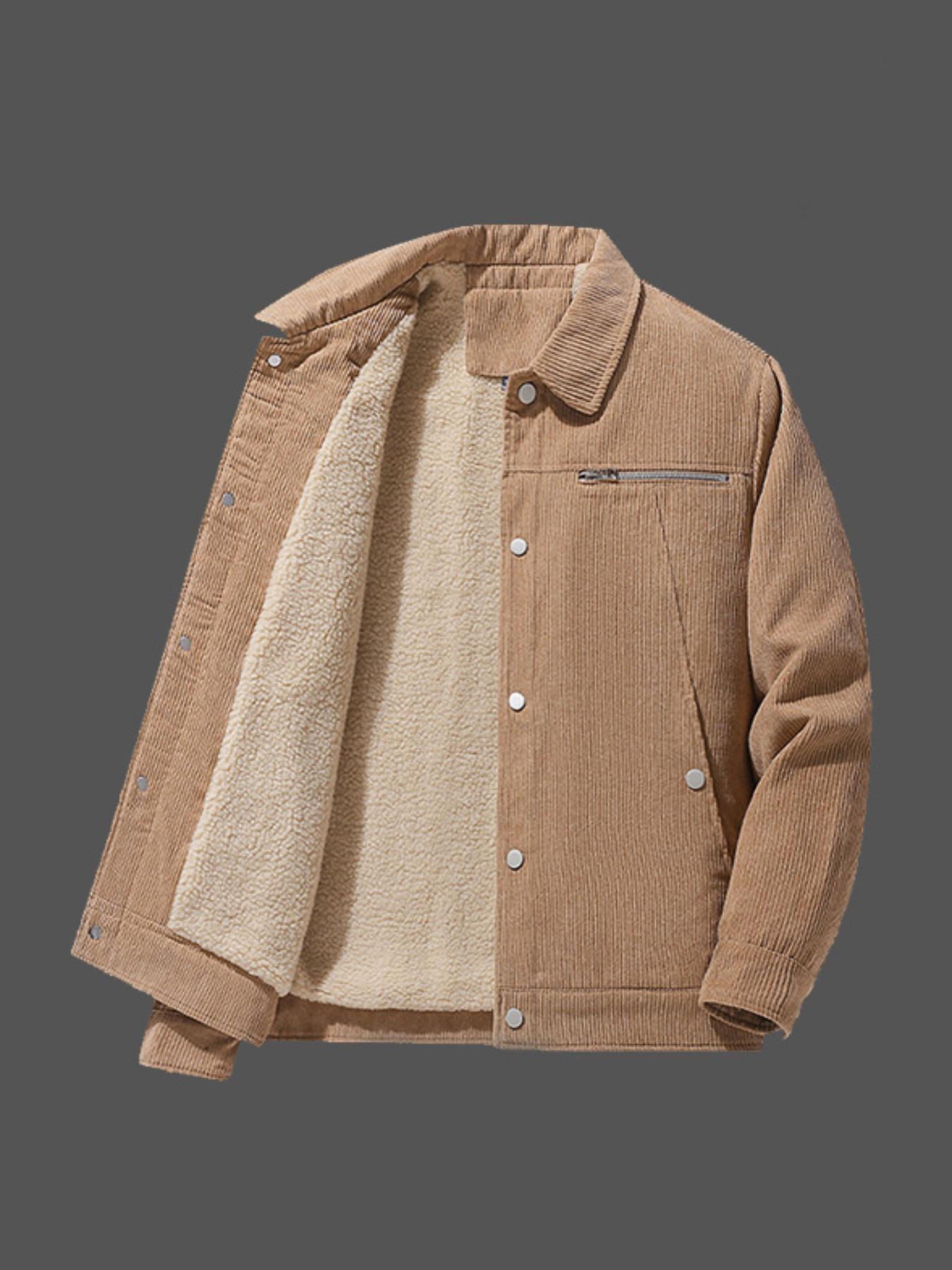 Men's Solid Button Front Pocket Thermal Lined Jacket, Loose Casual Long Sleeve Collared Outerwear for Fall & Winter, Men's Clothes for Daily Wear, Casual Fashion Coat, Casual Comfy Jacket