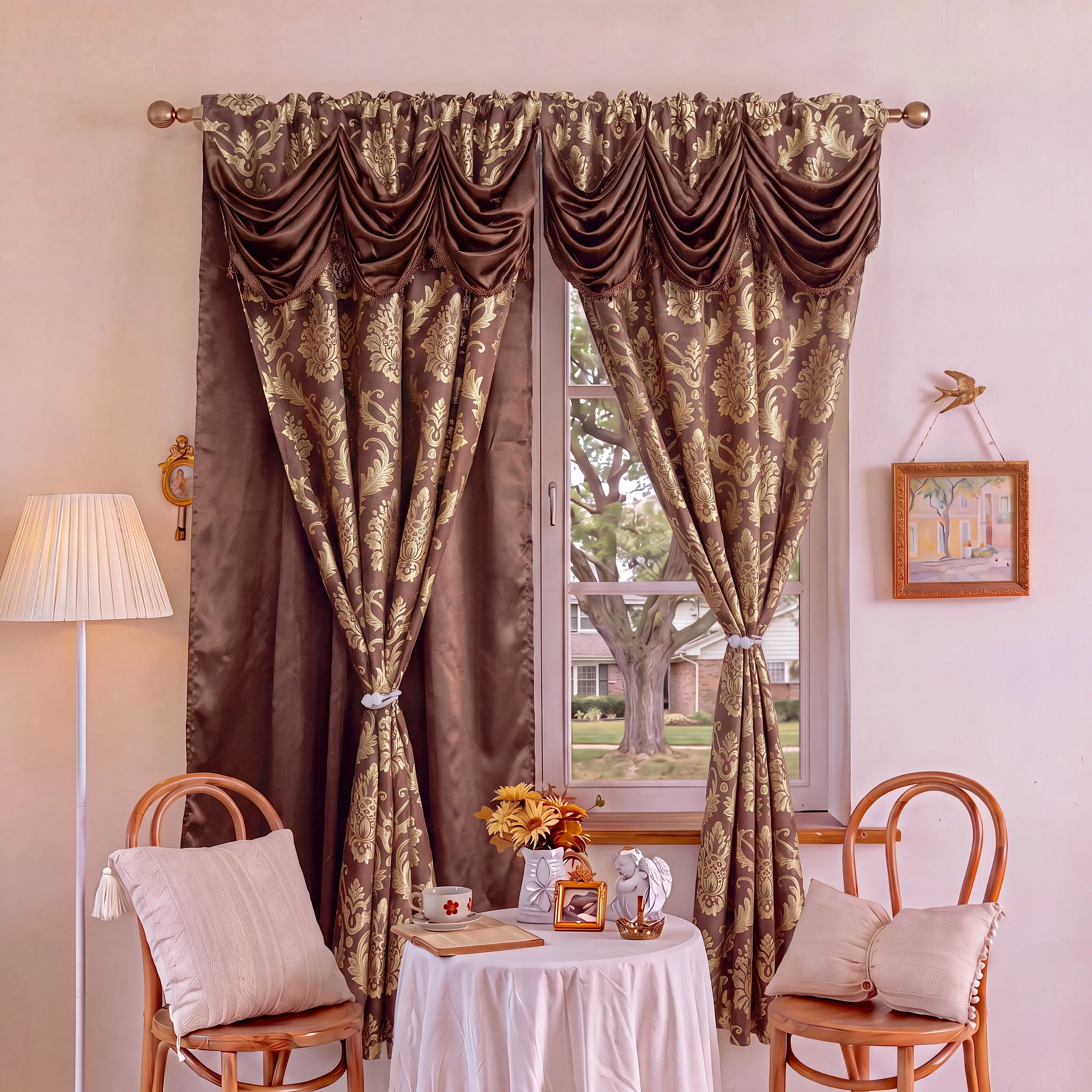 Premium Polyester 2-Panel 52"x63" Double Layer Jacquard Weave Rod Pocket Blackout Curtains with Waterfall Valance, Wrinkle-Resistant, Anti-Shrink, Bedroom Home Decor Textile Accessory (JV1) - Blackout Effect, Bedroom Use