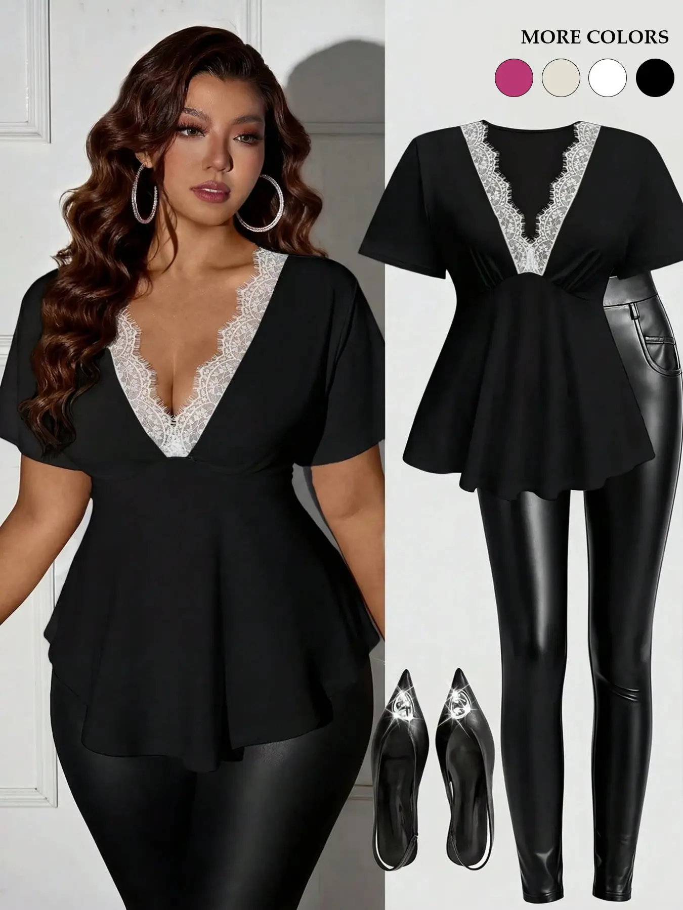 Women's Plus Size Lace Trim V-Neck Peplum Top, Casual Short Sleeve Contrast Lace Flowy Blouse, Elegant Y2K Style Clubwear for Night Out Parties