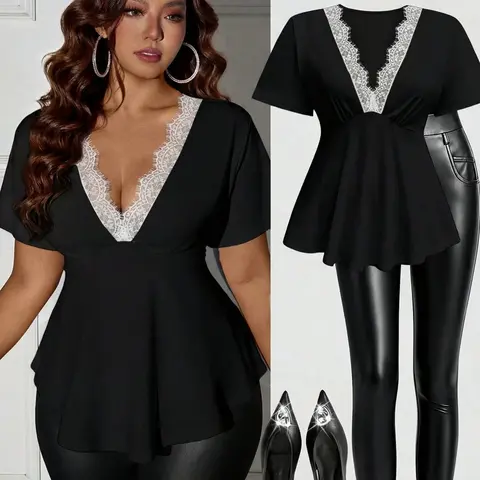 Women's Plus Size Lace Trim V-Neck Peplum Top, Casual Short Sleeve Contrast Lace Flowy Blouse, Elegant Y2K Style Clubwear for Night Out Parties, Going Out Blouses