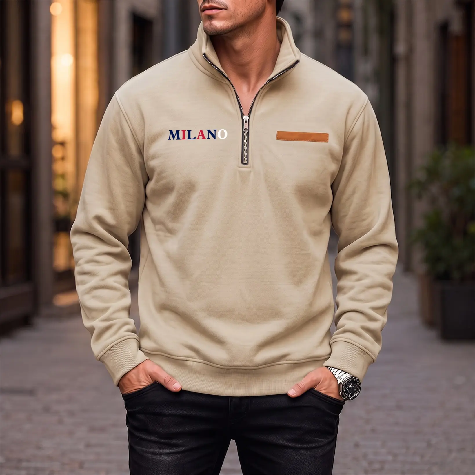 Men's Quarter-Zip Stand Collar Fleece Lined Polyester Blend Loose-Fit Pullover Sweatshirt, Milano Letter Print, Machine Wash Casual Long Sleeve Top for Winter Daily Wear, Outdoor Sports, Long Sleeves, Soft Fleece, Zipper Detail