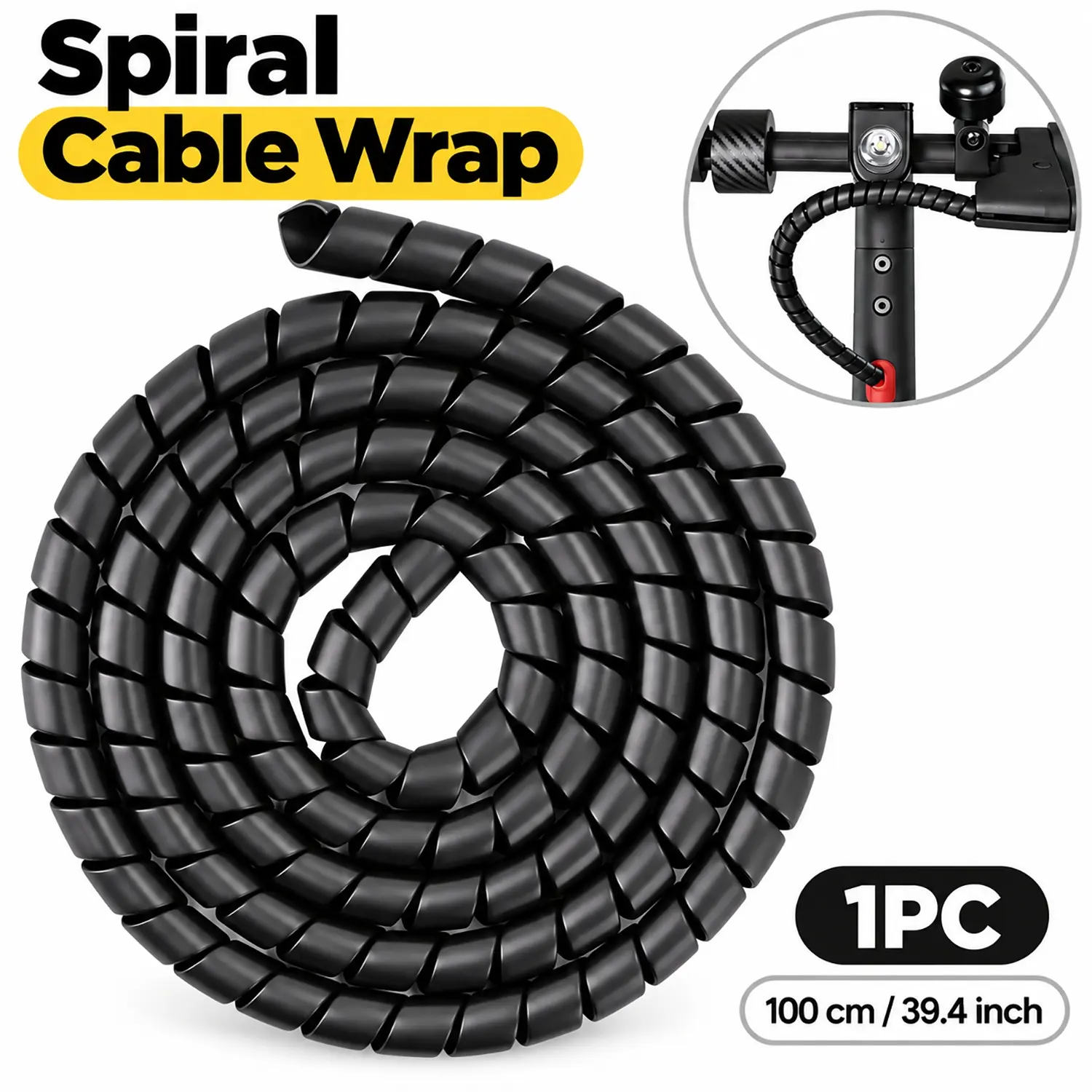 Spiral Cable Organizer and Protector—a flexible, cut-to-size, wrap-around cable sleeve that’s easy to install and ideal for electric scooters, bicycles, Handlebars, and organizing exposed wires