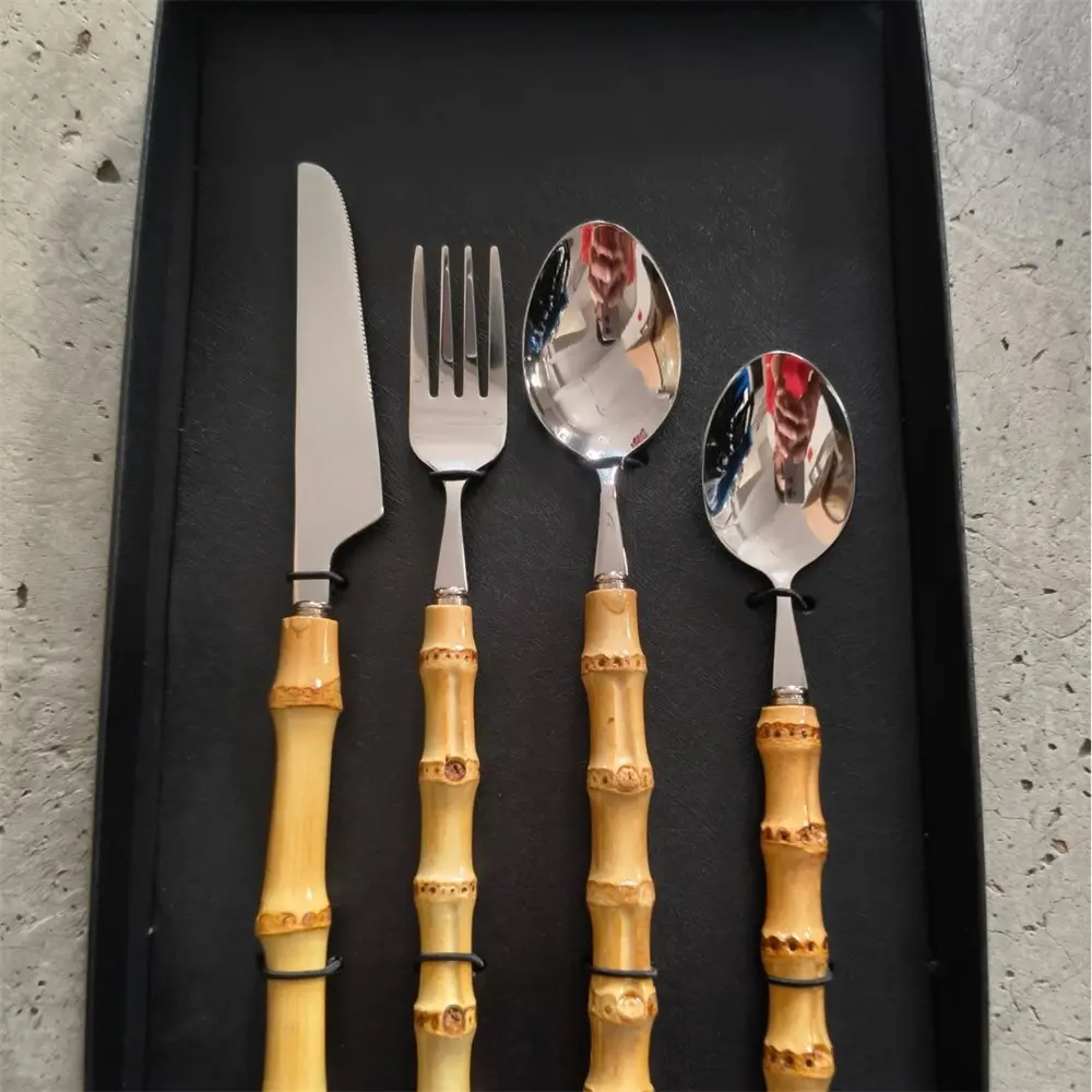 Bamboo Handle 4-Piece Silverware Set Flatware silver dishwasher safe includes knives, forks, and spoons  dessert spoon cutlery set for kitchen and dining utensil set