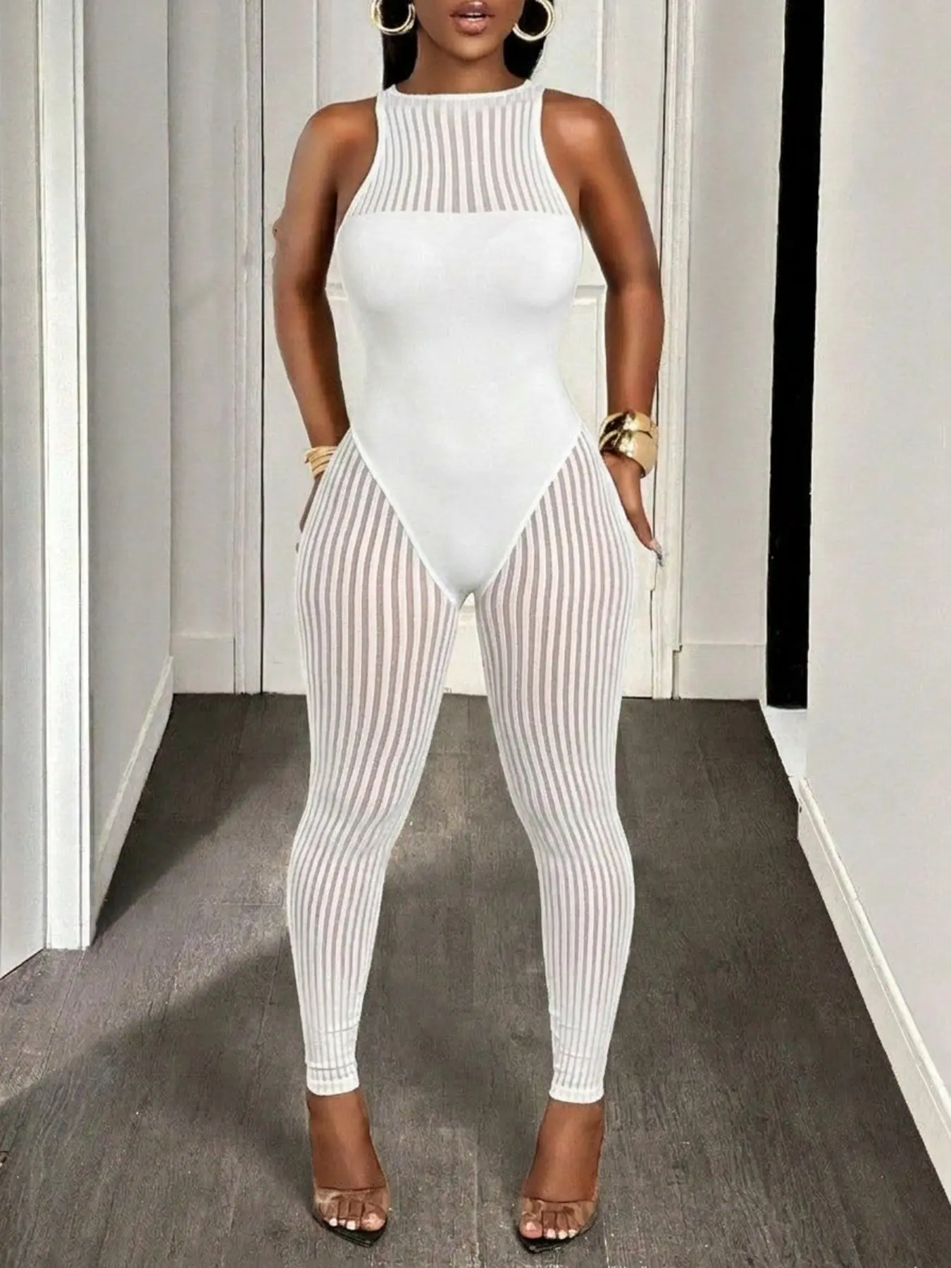 Black Girl Aesthetic White Ribbed Sleeveless Full Body Bodystocking, Transparent Vertical Striped Tight Catsuit, Elastic Curve Sculpt One Piece Jumpsuit, Sculpting Bodysuit, Boudoir Photoshoot Date Night Clubwear Sexy Figure Shaping Outfit