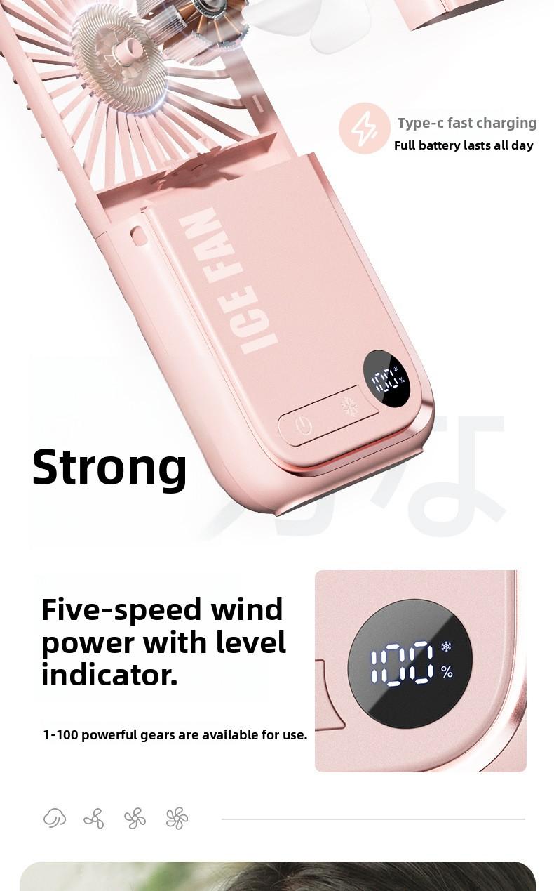 tylish and versatile personal fan with digital display, foldable design, and dual-use for neck hanging or handheld. Built with ice compress cooling technology, USB rechargeable, ultra-portable for outdoor, travel, office and daily use. Low noise, strong w