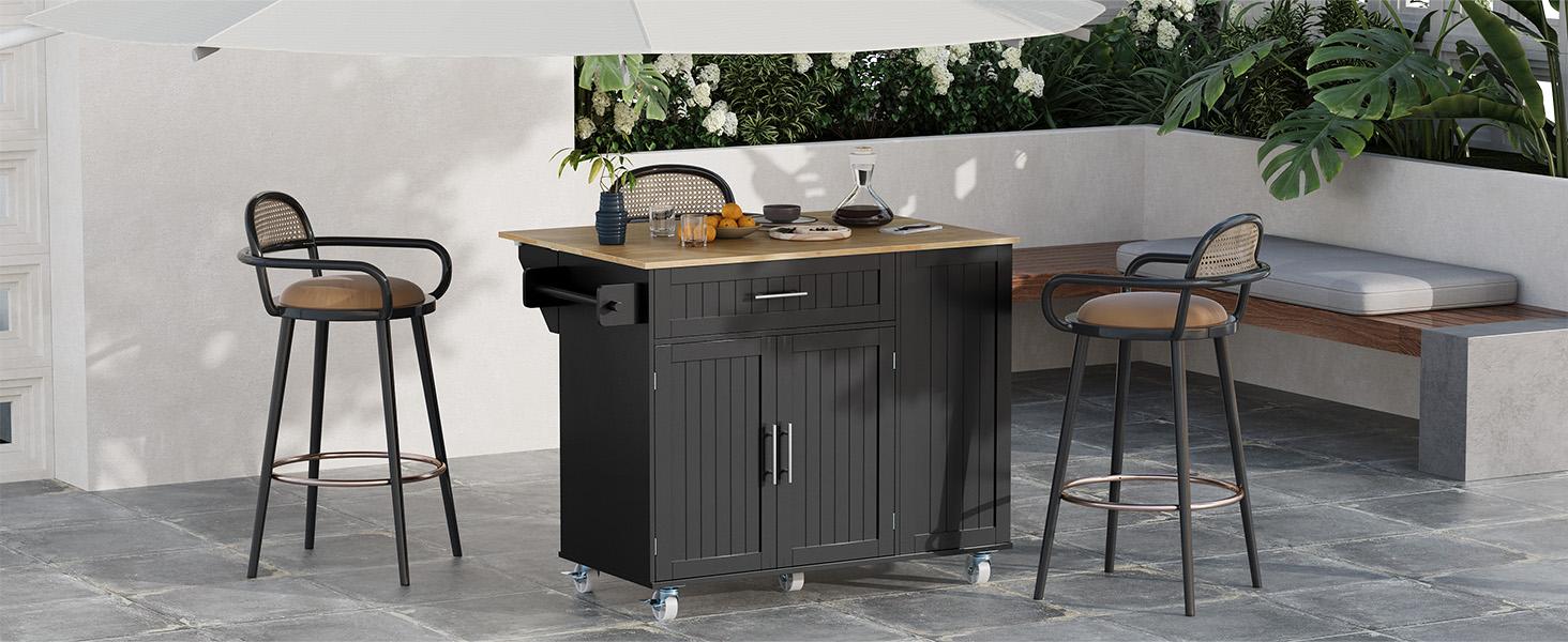 Kitchen Island with Storage, 31.5" D Rolling Kitchen Cart on Wheels with Widen Drop Leaf Rubberwood Top, Large Mobile Kitchen Island with Trash Can Storage and Towel Bar, Black