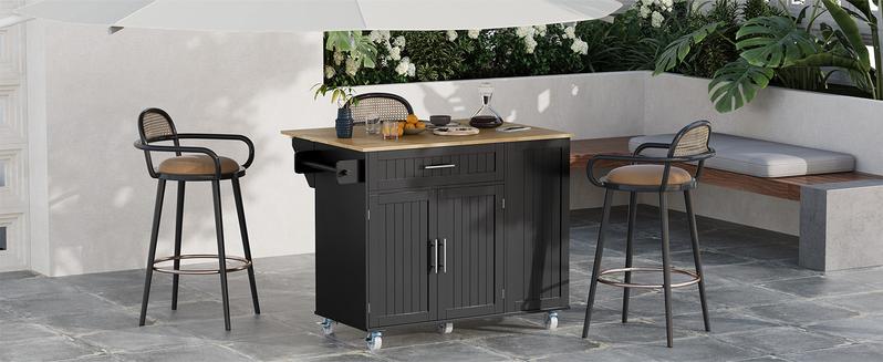 Kitchen Island with Storage, 31.5" D Rolling Kitchen Cart on Wheels with Widen Drop Leaf Rubberwood Top, Large Mobile Kitchen Island with Trash Can Storage and Towel Bar, Black