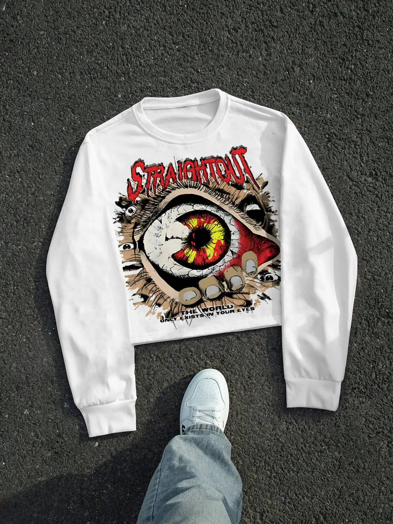 Men's Sweatshirt Y2K Classic Eyeball Graphic Letter Printed Crewneck Drop Shoulder Loose Casual Streetwear Long Sleeve Top
