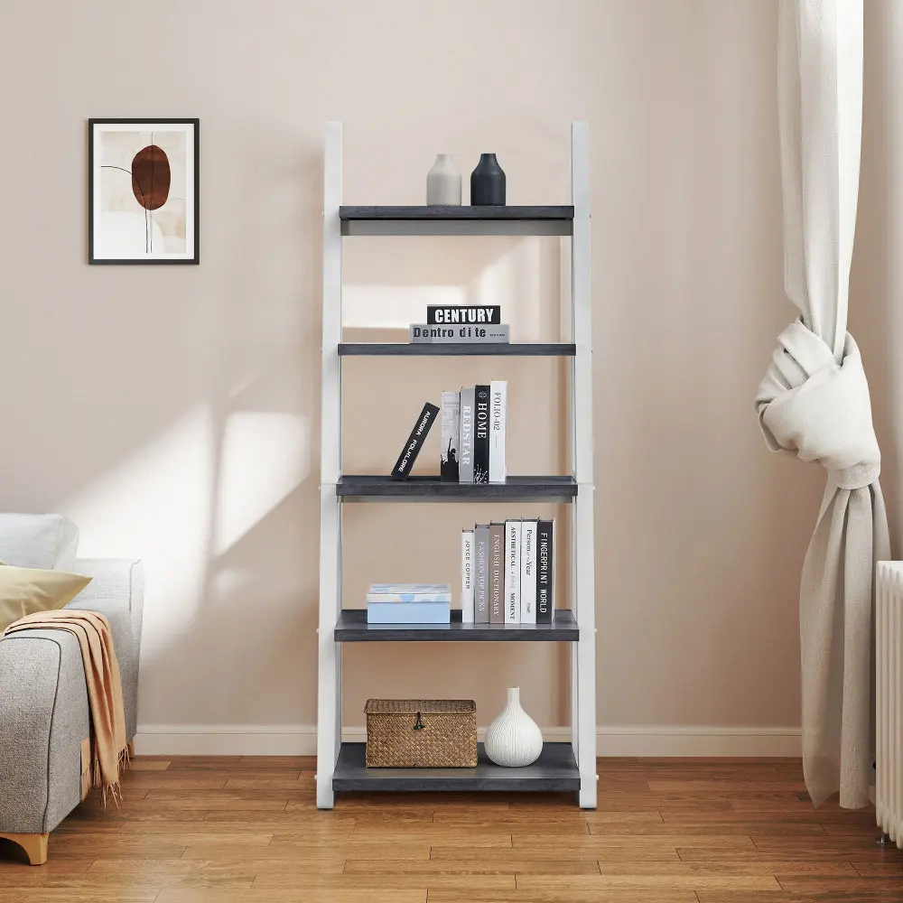 5-Tier Minimalist Wooden Ladder Shelf Bookcase - Freestanding Rubberwood Frame Storage Rack, Plain Finish Tall Organizer for Living Room, Home Office, Book Display & Multi-Purpose Space-Saving Unit, Tall Ladder