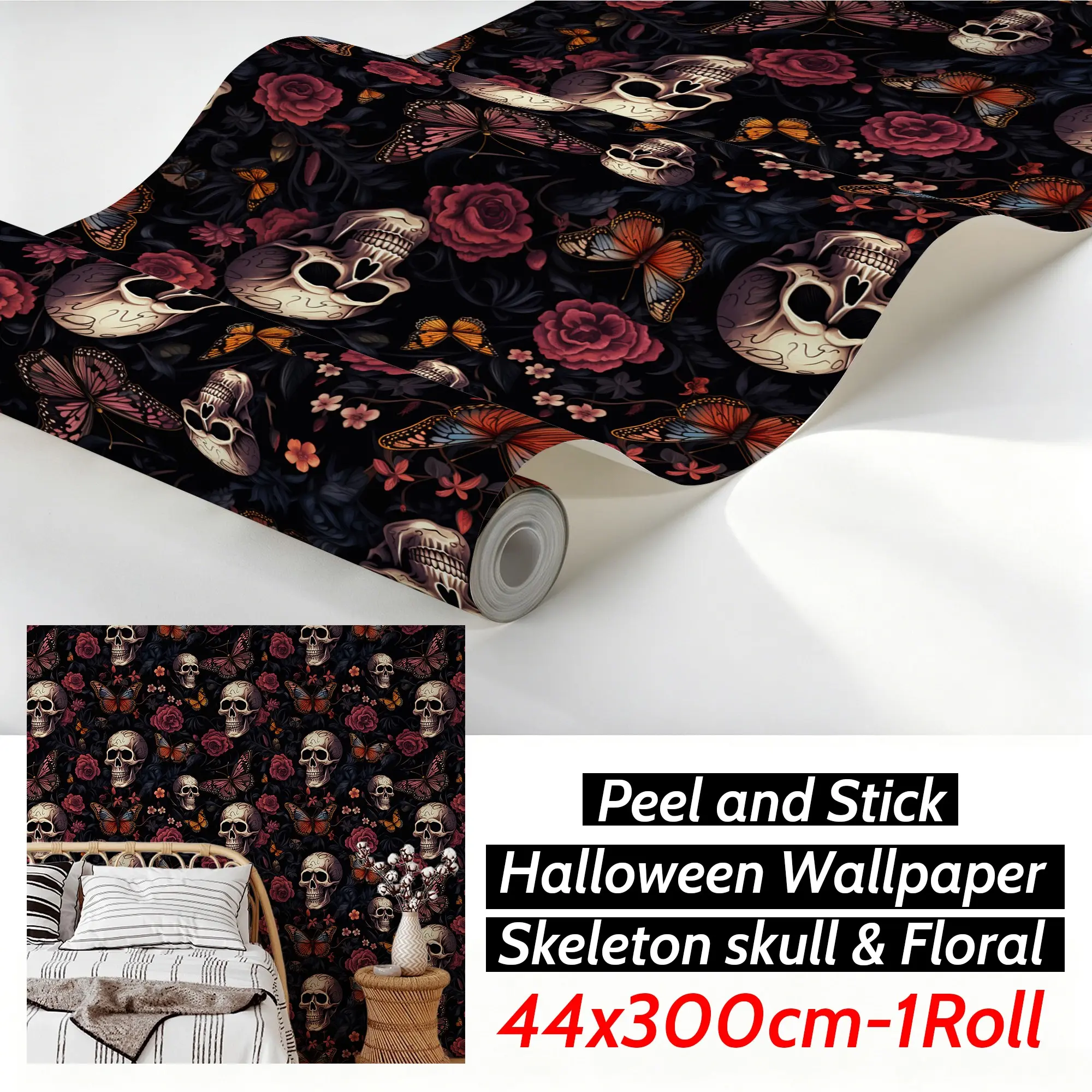 Gothic Skull Rose Butterfly Wallpaper, Self-Adhesive Removable Decorative Wall Paper, Halloween Home Decoration, Living Room Bedroom Kitchen, Peel And Stick Wallpaper