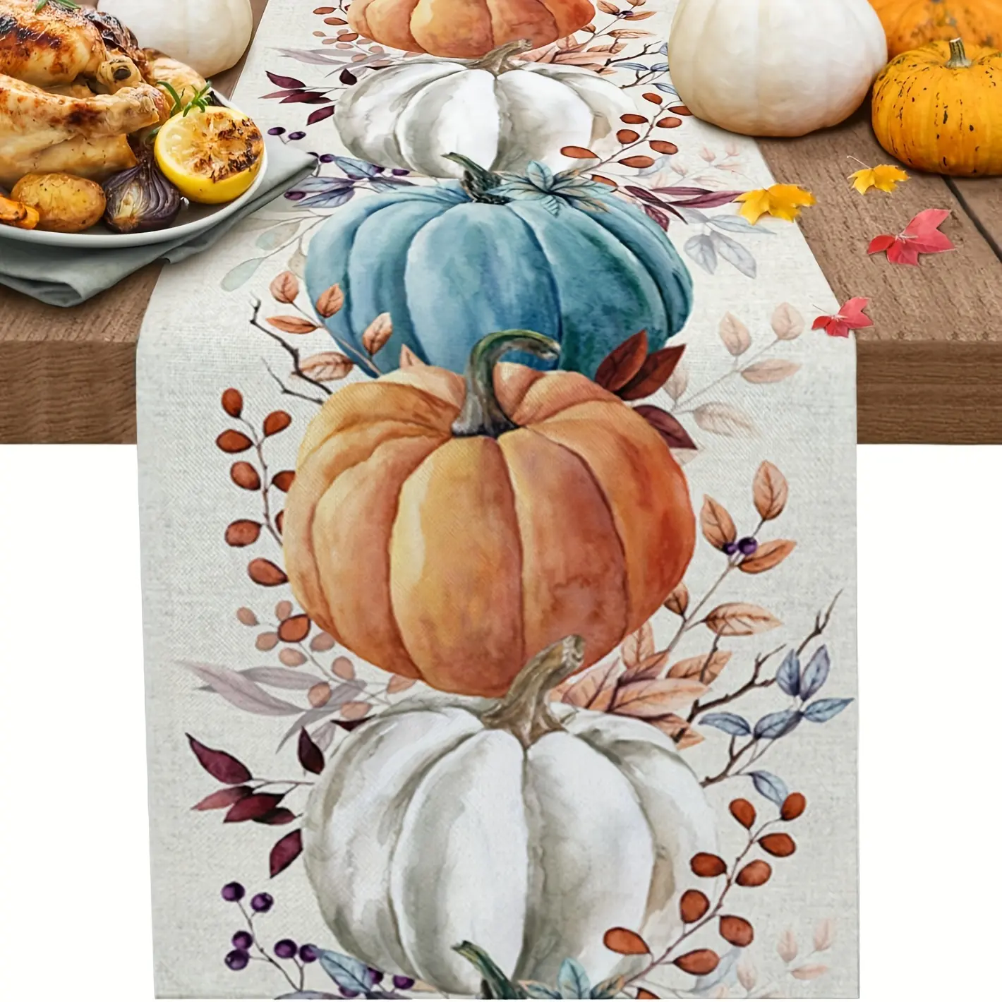 One autumn Thanksgiving table flag, watercolor painted pumpkin and maple leaf cotton tablecloth, country-style restaurant decoration, suitable for home, kitchen, indoor and outdoor use