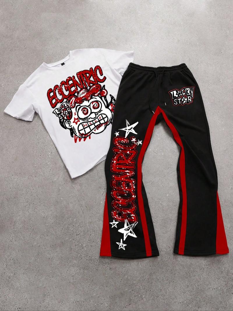 Two-piece Set Men's Figure Graphic Tee & Colorblock Drawstring Waist Flare Leg Sweatpants, Regular Fit Round Neck Short Sleeve T-shirt & Bell Bottom Trousers, Sets for Men Clothing, Summer Outfits, Casual Outfit Set, Shortsleeve Menswear