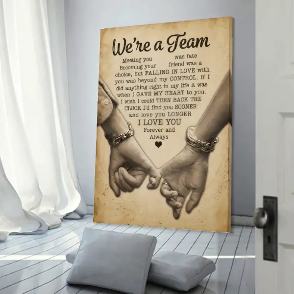 1 Piece We're a Team Quote Framed Canvas Poster, Romantic Couple Canvas Painting, Interlocked Hands & Touching Love Poetry Print, 16x24-Inch, Living Room Wall Art, Valentine's Day Decoration