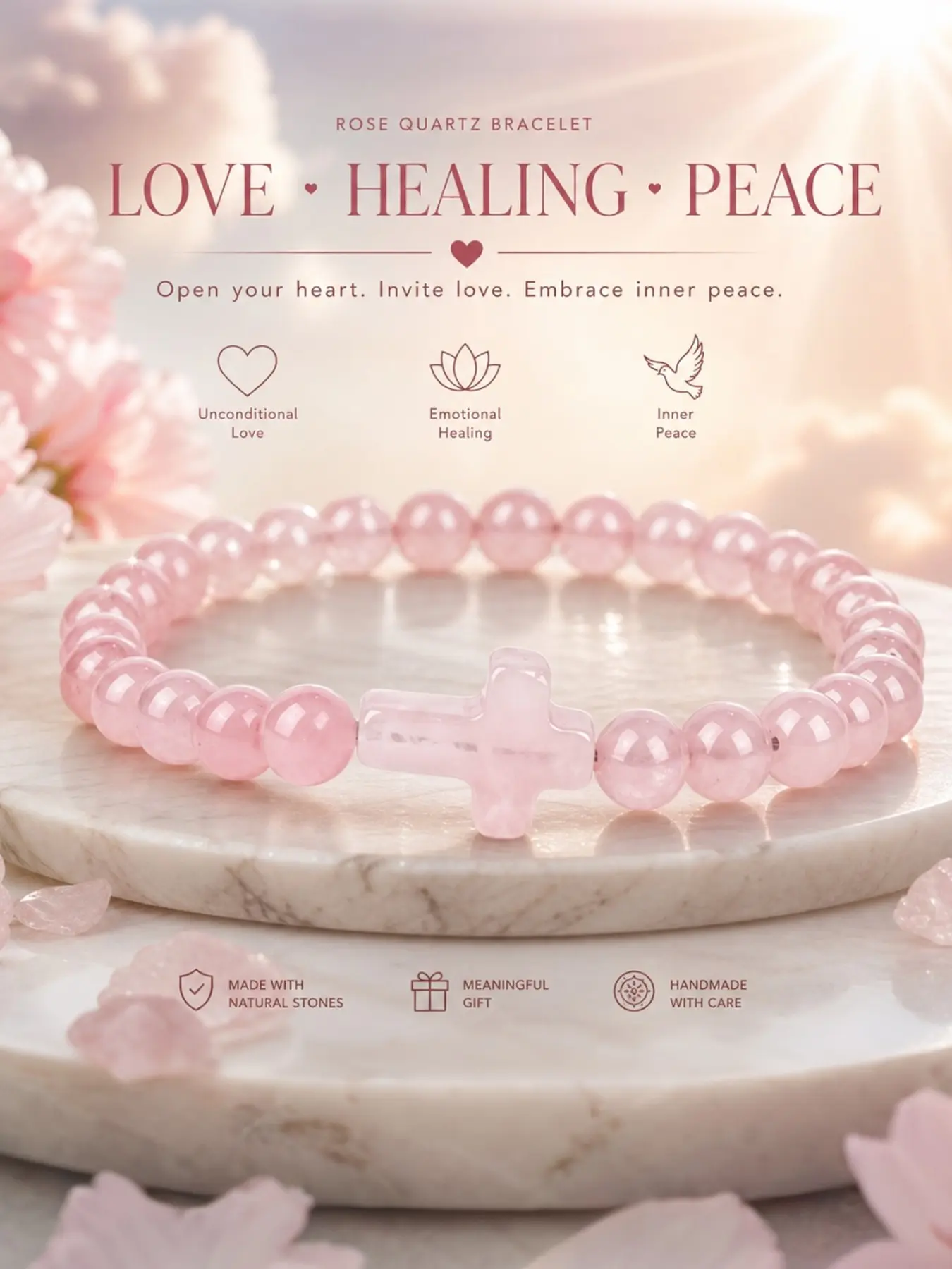 Faith & Love Pink Crystal Bracelet - Natural Rose Quartz Beaded Bracelet with Cross Charm - Spiritual Protection Jewelry for Women Healing Crystal Jewelry Bracelets Jewelry