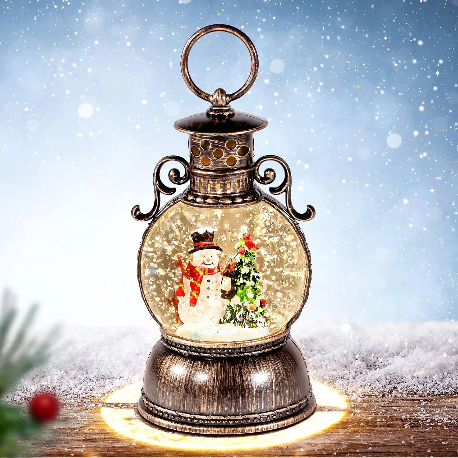 Musical Snow Globe Lantern – 9.4" Lighted Bronze Christmas Snow Globe with  & Glitter, Snowman & Tree Inside, 8 Songs, 6H Timer,  Ring, USB or  , Holiday Decor