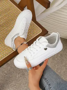 Women's Silver Color Glitter Back Patch Sneakers, Metal Heart Sticker PU Leather Low Top Casual Shoes, All Season Flat Lace-Up Comfortable