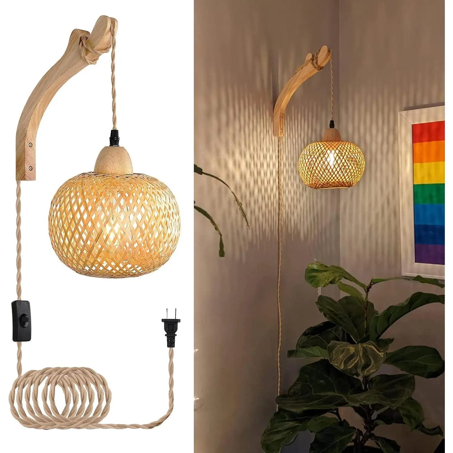 Bamboo Lantern Plug in Wall Sconces Wicker Wall Lamp with Plug in Cord Hand Woven Rattan Wall Light Farmhouse Rustic Wall Sconces Boho Sconces Wall Lighting for Living Room Bedroom